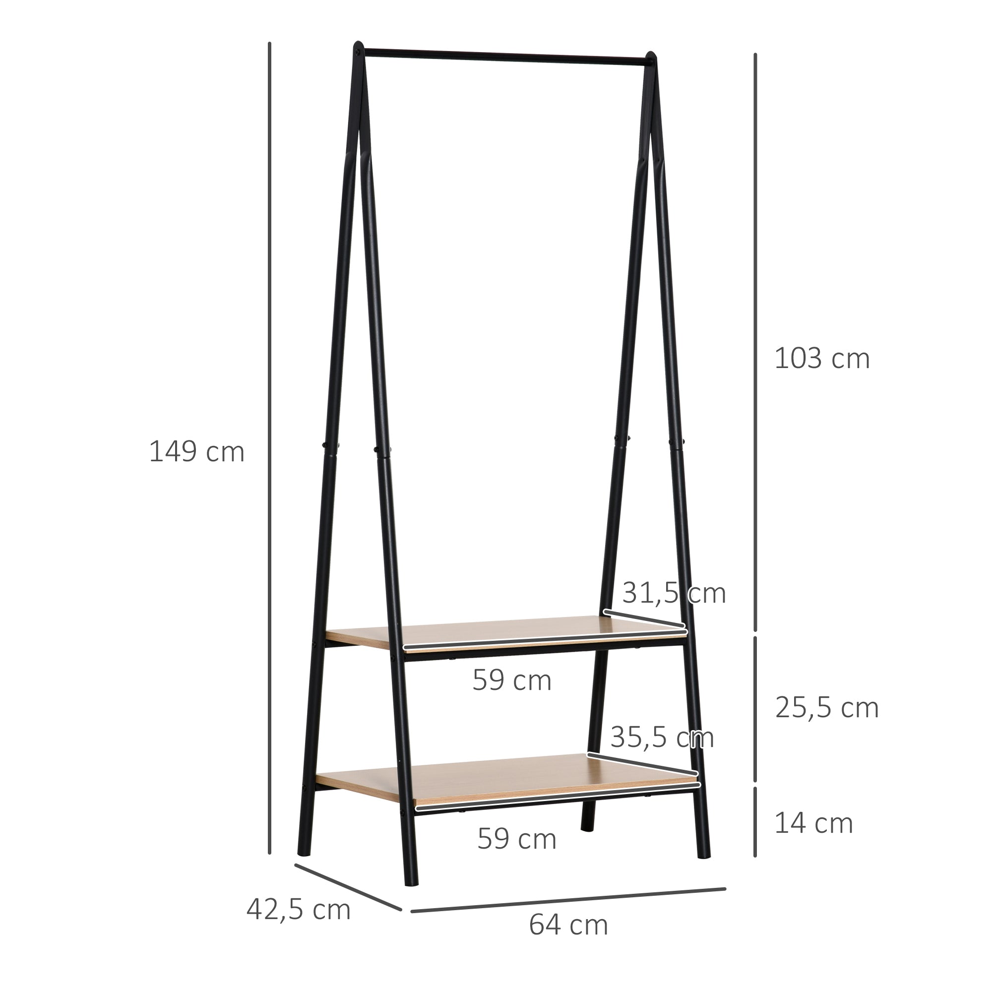 Coat Rack Garment Rack Clothes Rail with Shoe Shelf Laundry Rack Metal + Wood Black + Natural 64 x 42.5 x 149 cm