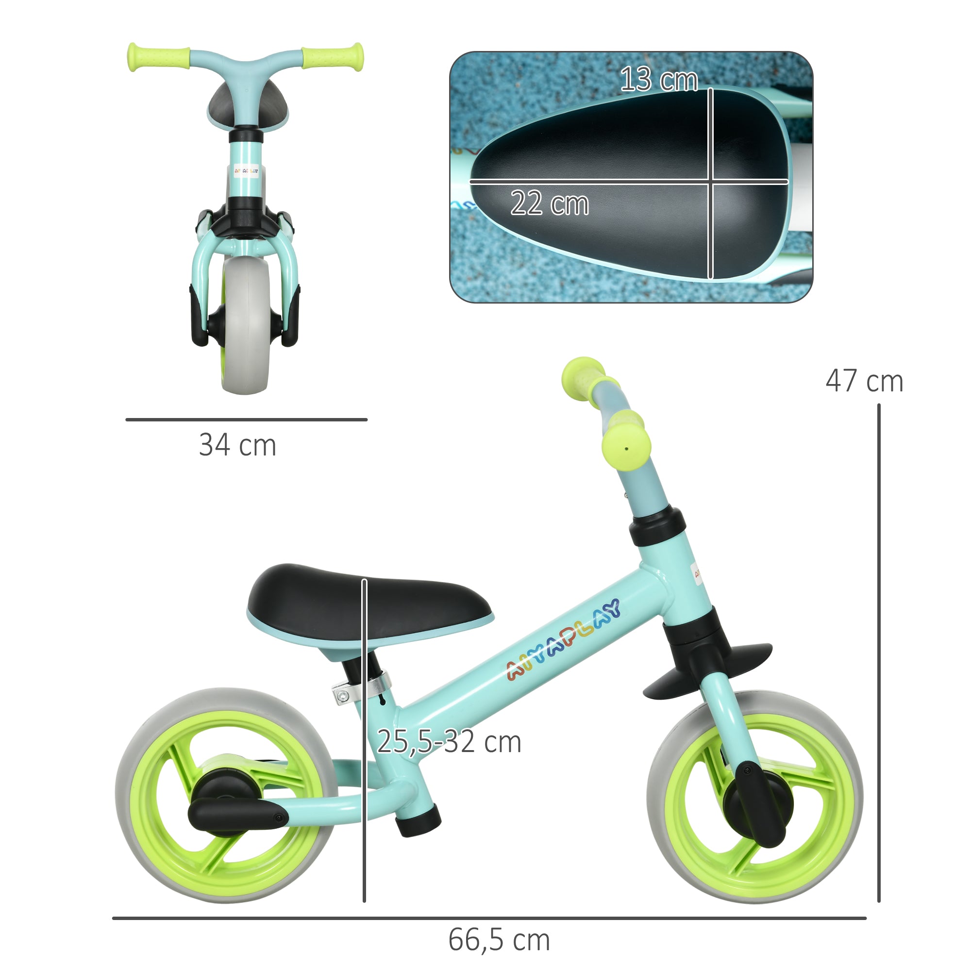 Balance Bike for Children 18-48 Months Adjustable Height Seat Load 25 kg 66.5x34x47 cm Green and Turquoise