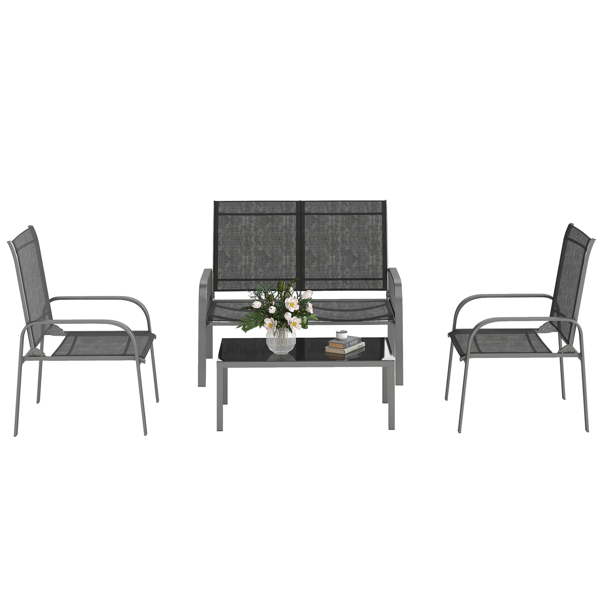 4-Piece Garden Lounge Set with 2-Seater Outdoor Loveseat with Adjustable Backrest, 2 Chairs, and Glass Coffee Table, Steel and Textilene Waterproof Furniture Set, Black