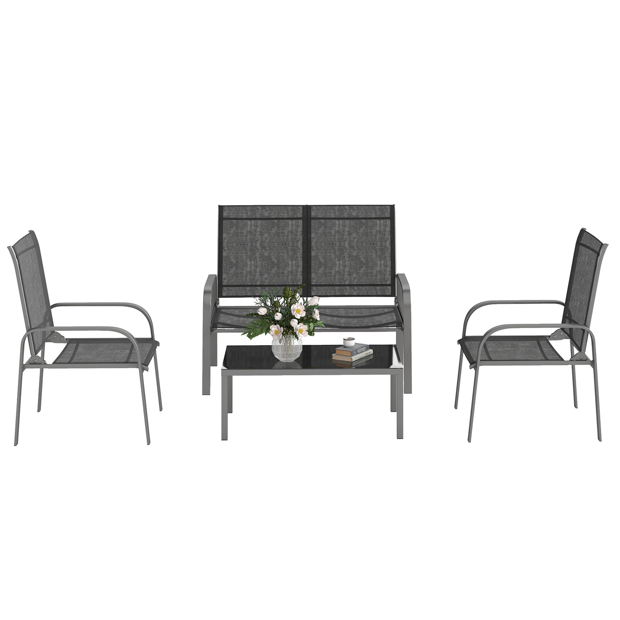4-Piece Garden Lounge Set with 2-Seater Outdoor Loveseat with Adjustable Backrest, 2 Chairs, and Glass Coffee Table, Steel and Textilene Waterproof Furniture Set, Black