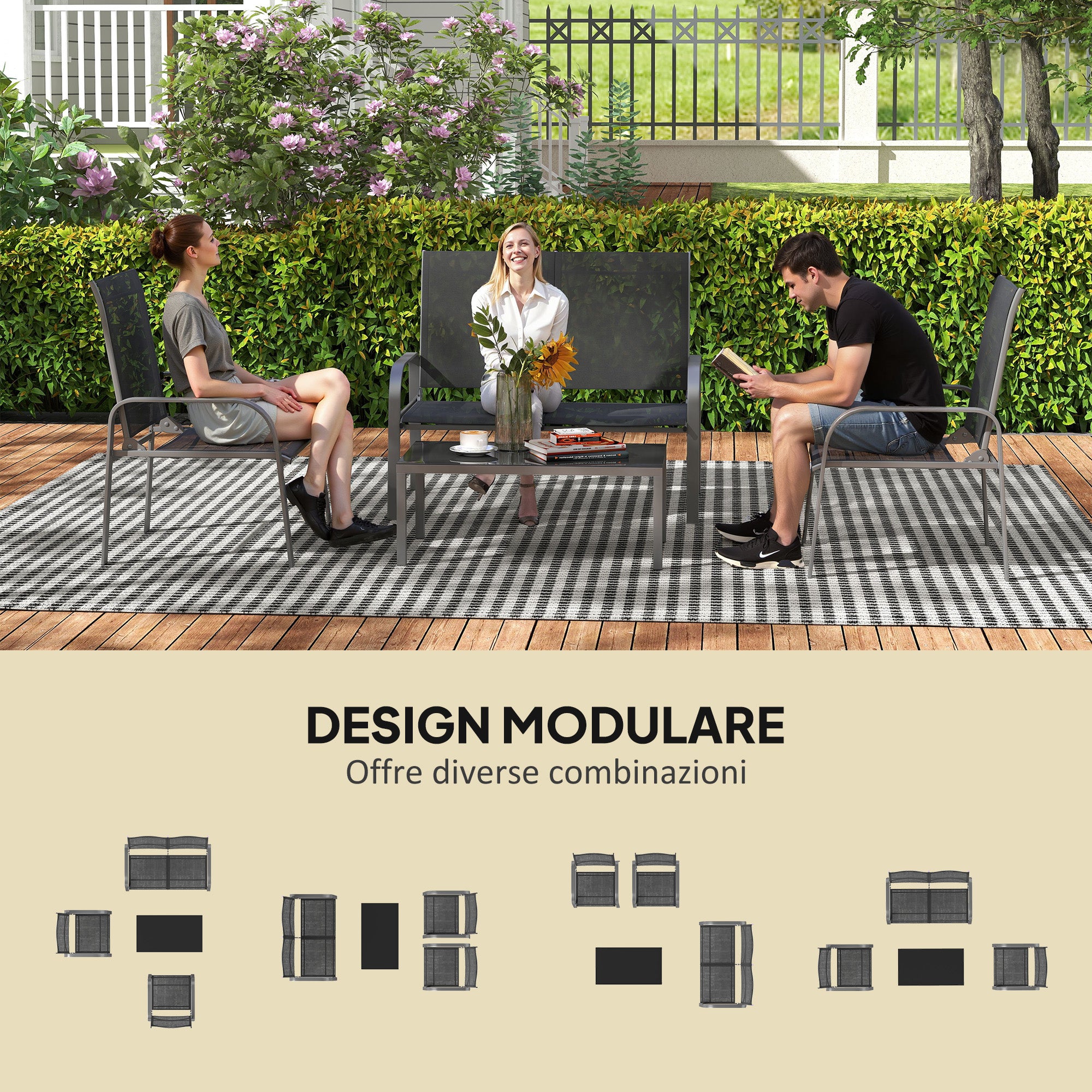 4-Piece Garden Lounge Set with 2-Seater Outdoor Loveseat with Adjustable Backrest, 2 Chairs, and Glass Coffee Table, Steel and Textilene Waterproof Furniture Set, Black