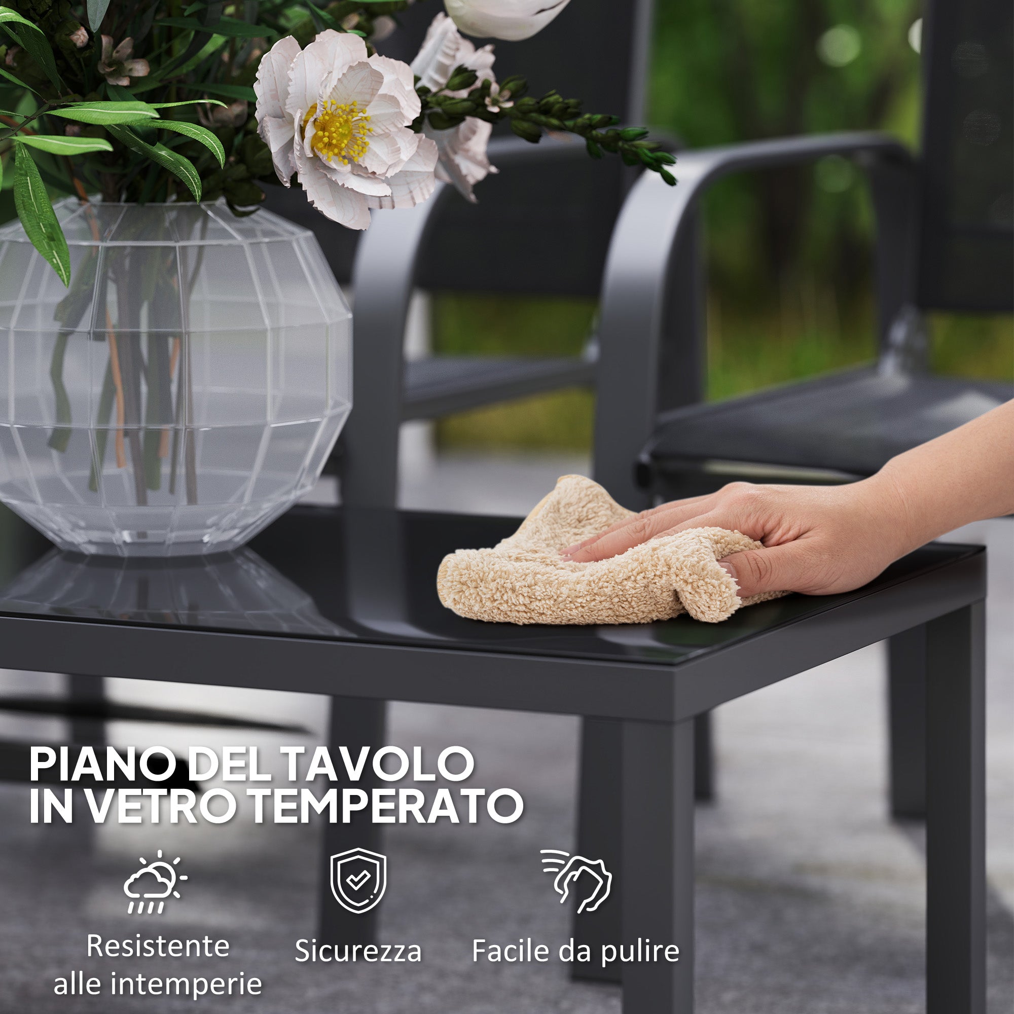 4-Piece Garden Lounge Set with 2-Seater Outdoor Loveseat with Adjustable Backrest, 2 Chairs, and Glass Coffee Table, Steel and Textilene Waterproof Furniture Set, Black