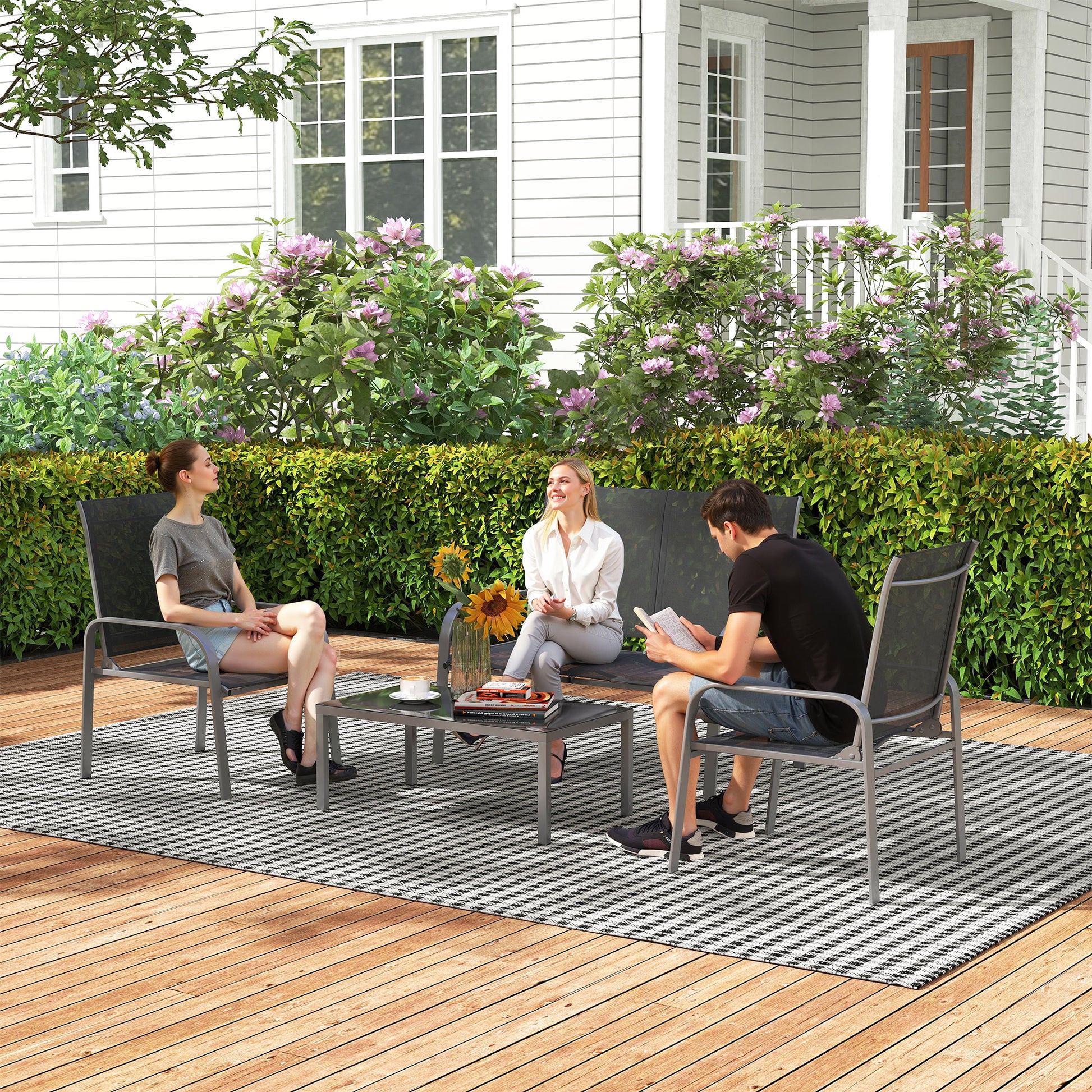 4-Piece Garden Lounge Set with 2-Seater Outdoor Loveseat with Adjustable Backrest, 2 Chairs, and Glass Coffee Table, Steel and Textilene Waterproof Furniture Set, Black