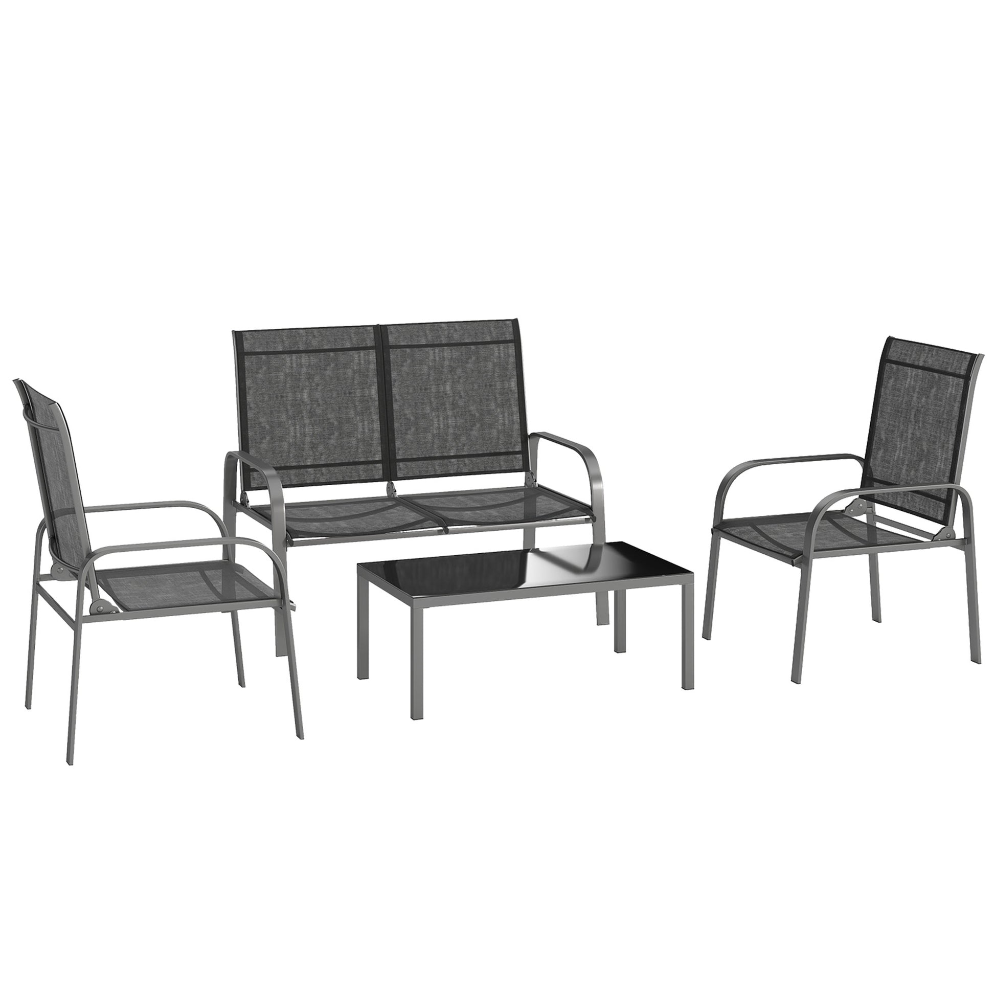 4-Piece Garden Lounge Set with 2-Seater Outdoor Loveseat with Adjustable Backrest, 2 Chairs, and Glass Coffee Table, Steel and Textilene Waterproof Furniture Set, Black