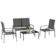 4-Piece Garden Lounge Set with 2-Seater Outdoor Loveseat with Adjustable Backrest, 2 Chairs, and Glass Coffee Table, Steel and Textilene Waterproof Furniture Set, Black