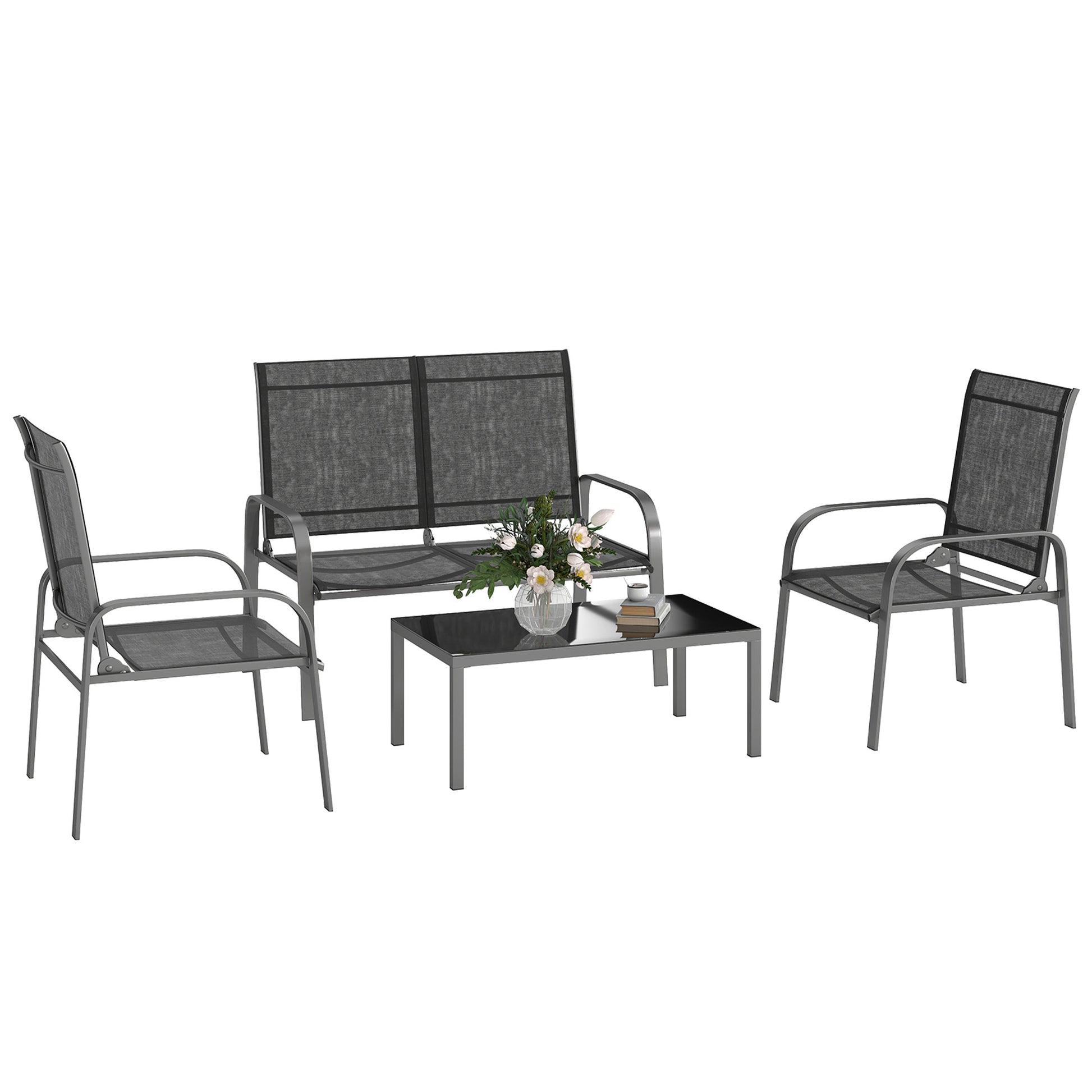 4-Piece Garden Lounge Set with 2-Seater Outdoor Loveseat with Adjustable Backrest, 2 Chairs, and Glass Coffee Table, Steel and Textilene Waterproof Furniture Set, Black
