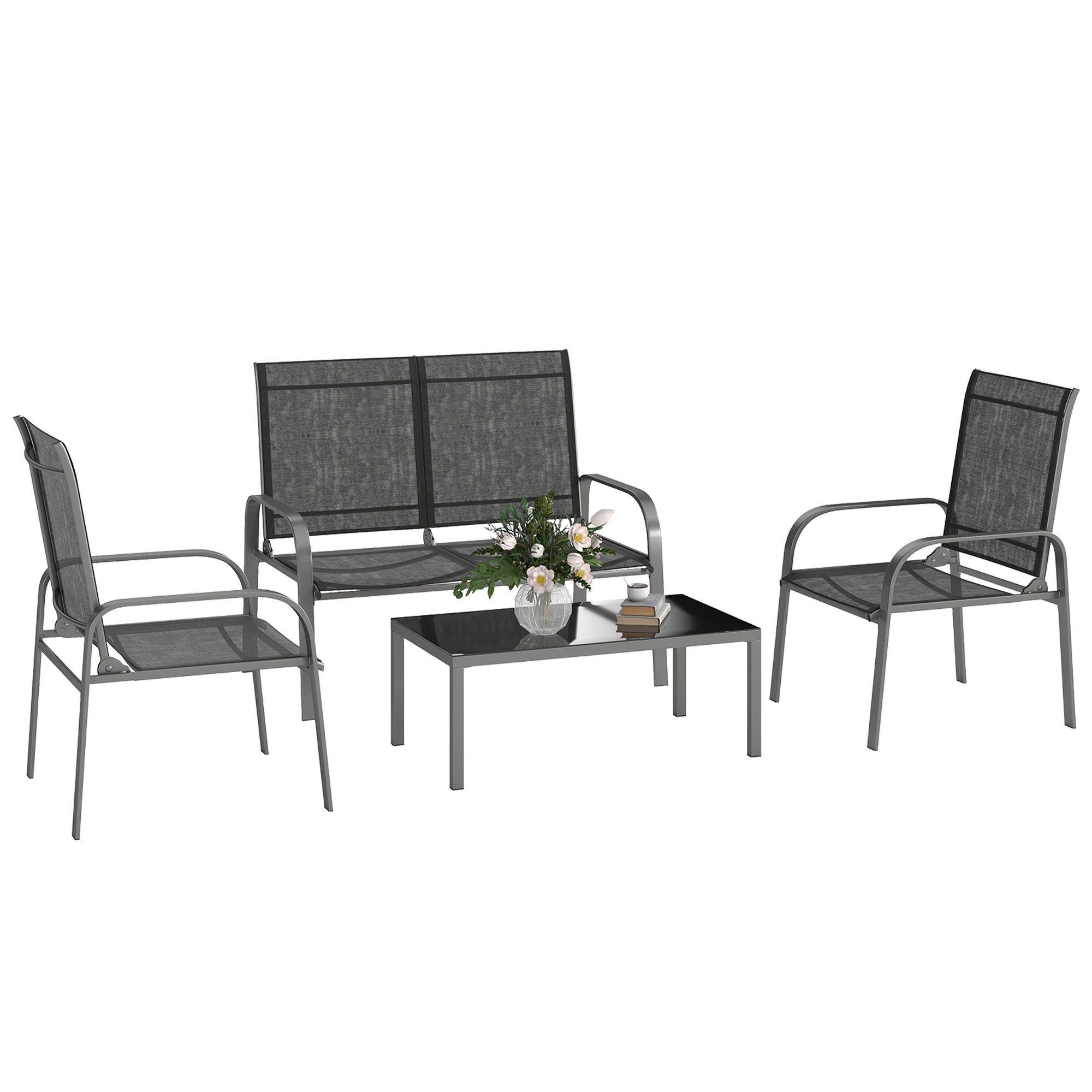 4-Piece Garden Lounge Set with 2-Seater Outdoor Loveseat with Adjustable Backrest, 2 Chairs, and Glass Coffee Table, Steel and Textilene Waterproof Furniture Set, Black