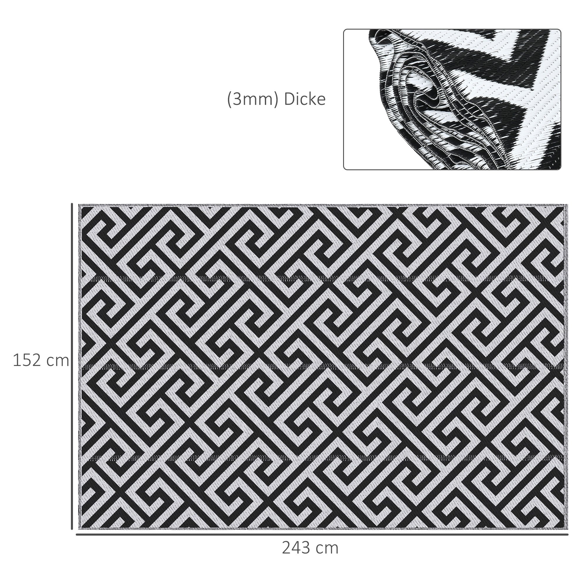 Outdoor Rug, Plastic Rug with Reversible Design, Water-Resistant Balcony Rug, for Patio, Camping, Black+White, 152 x 243 cm