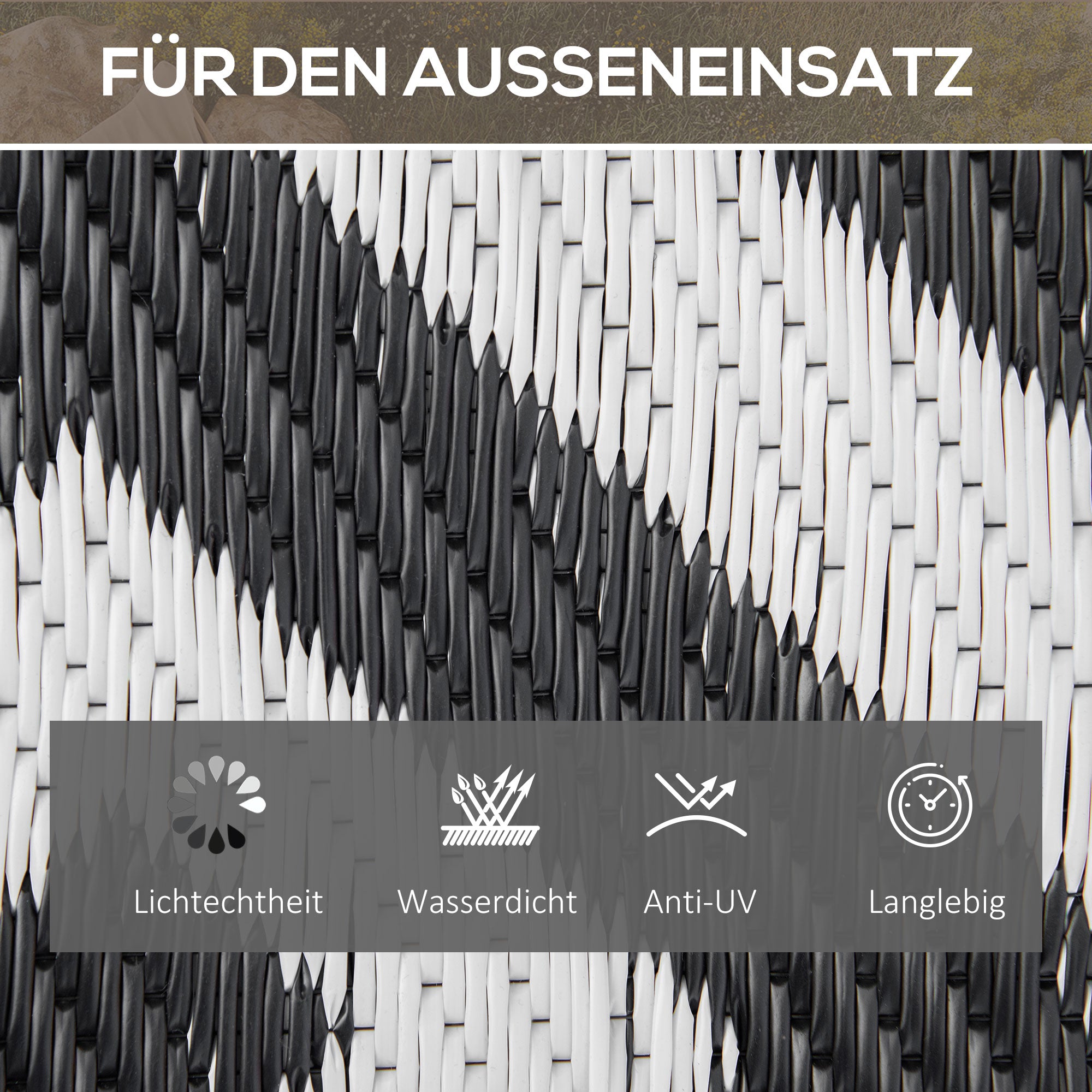 Outdoor Rug, Plastic Rug with Reversible Design, Water-Resistant Balcony Rug, for Patio, Camping, Black+White, 152 x 243 cm
