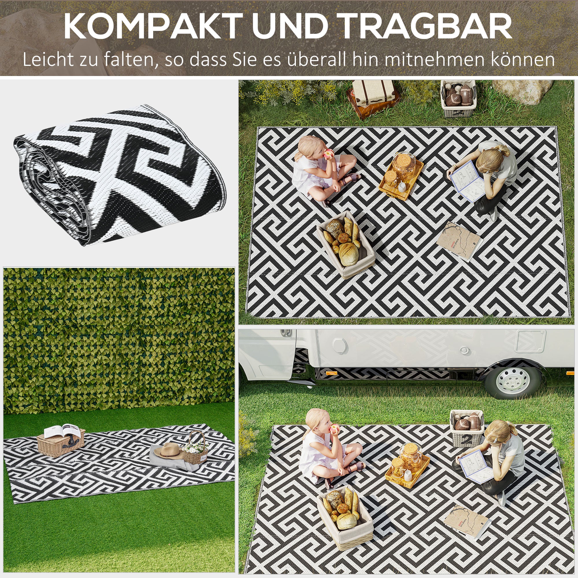 Outdoor Rug, Plastic Rug with Reversible Design, Water-Resistant Balcony Rug, for Patio, Camping, Black+White, 152 x 243 cm