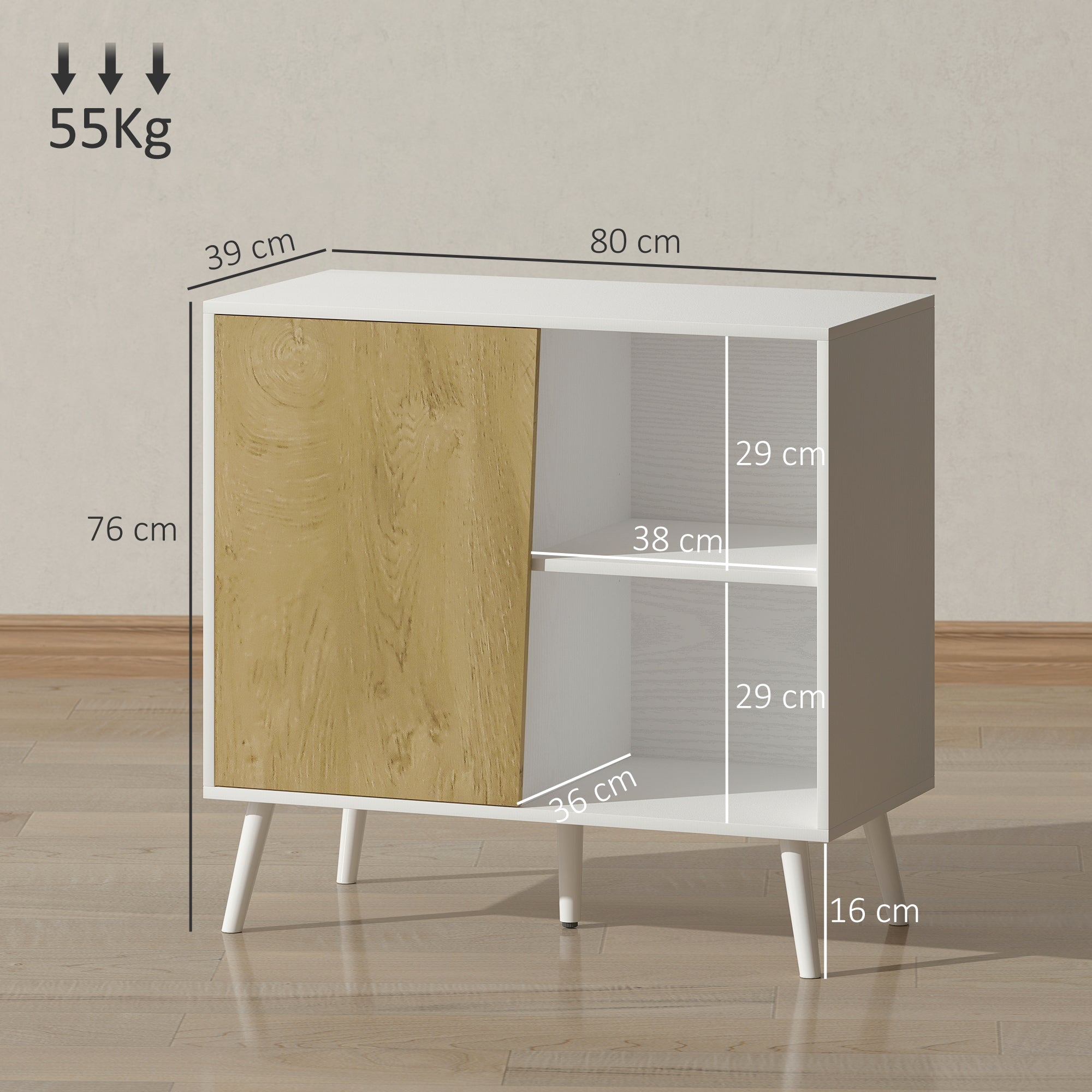 Modern Sideboard Buffet with Cabinet and Compartment with 3-Level Adjustable Shelves, Modern Furniture with Pine Wood Legs, 80x39x76 cm, White