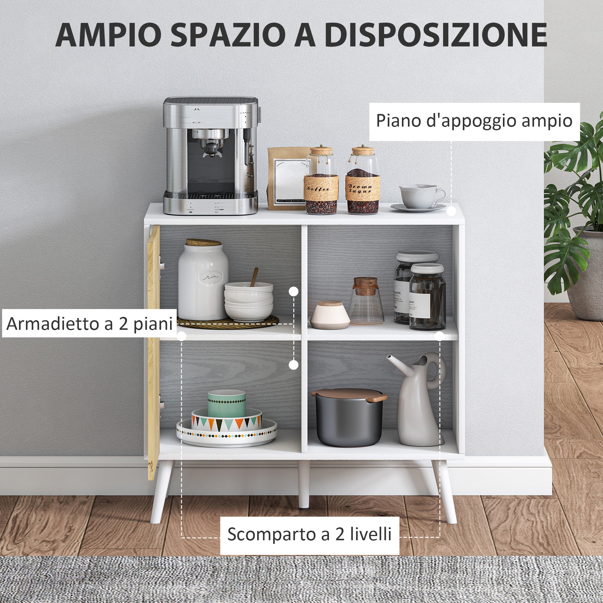 Modern Sideboard Buffet with Cabinet and Compartment with 3-Level Adjustable Shelves, Modern Furniture with Pine Wood Legs, 80x39x76 cm, White