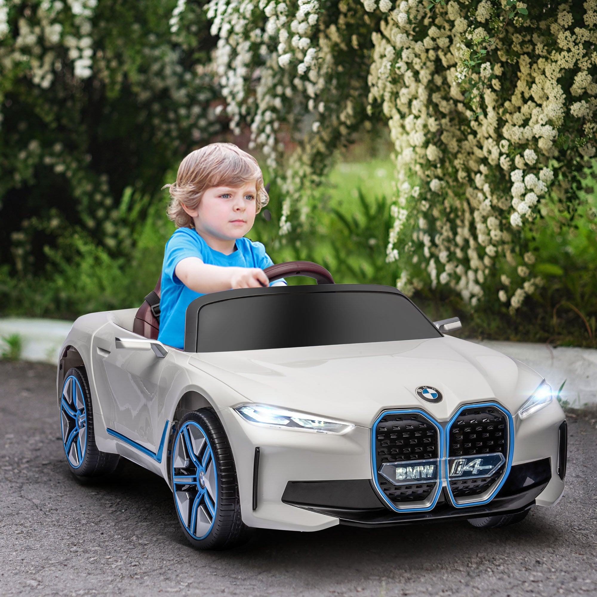 Kids Electric Car, Ride-On Car with Remote Control, Portable Battery, BMW Toy Car with Headlights, MP3 Player, Safety Belt, 3-5 km/h, for Kids 3-5 Years, White