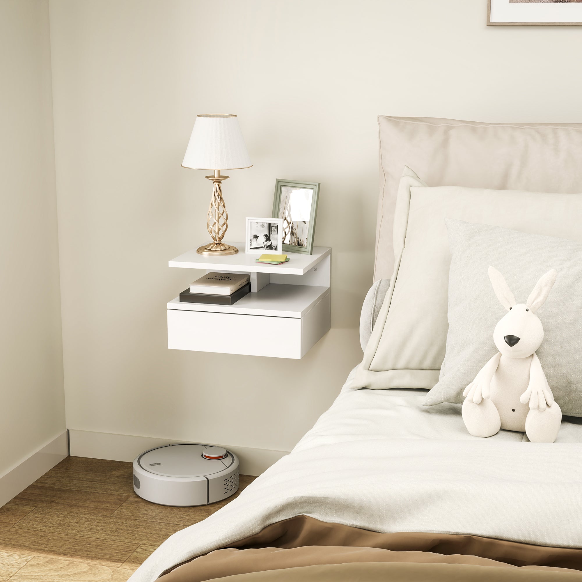 Wall-Mounted Bedside Table, Modern Bedroom Nightstand, with Drawer and Upper Shelf in Wood, 35x32x22.5cm, White