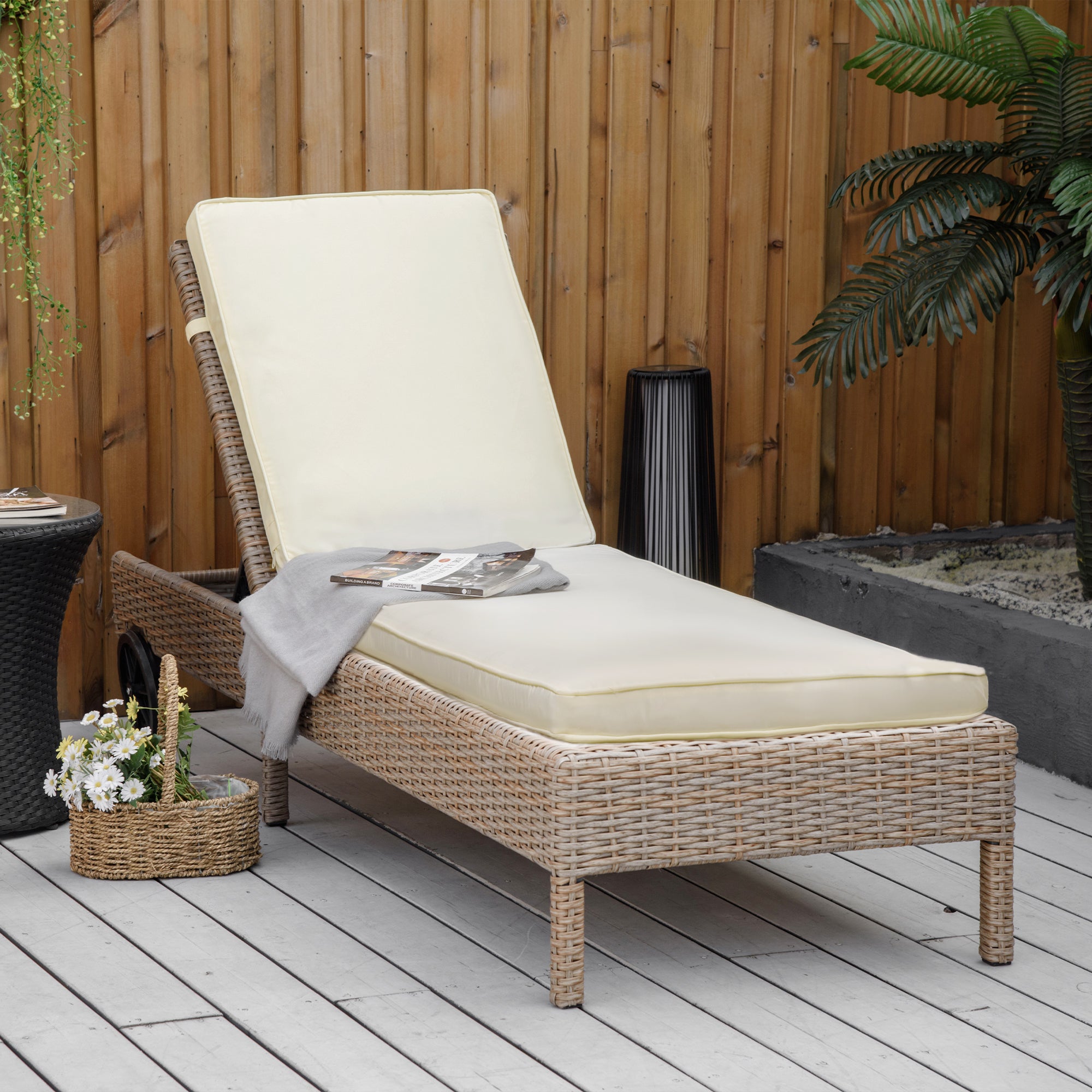Sun Lounger Cushion with Removable Polyester Cover, 188x53x8cm, Cream White