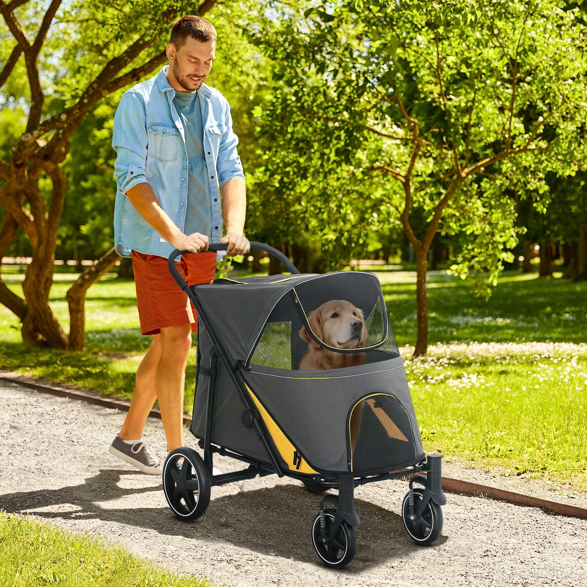 Dog Stroller, Dog Stroller with Cushion, Foldable Dog Trolley, Cat Stroller for Large and Medium Dogs, Dog Trolley with Mesh Window, Safety Leashes, Bag, Oxford Fabric, Dark Gray