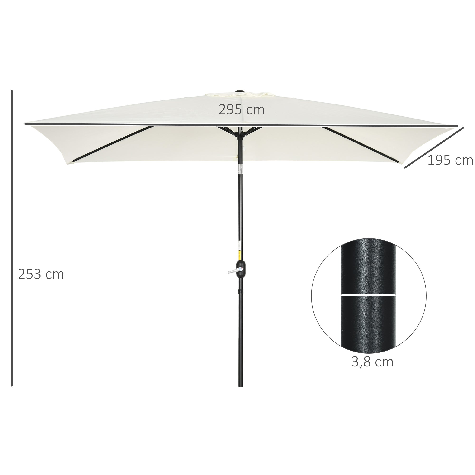Aluminum Umbrella 200x300x253 cm Rectangular Garden Parasol with Crank and Removable Anti-UV Post for Terrace Pool Patio Outdoor Cream