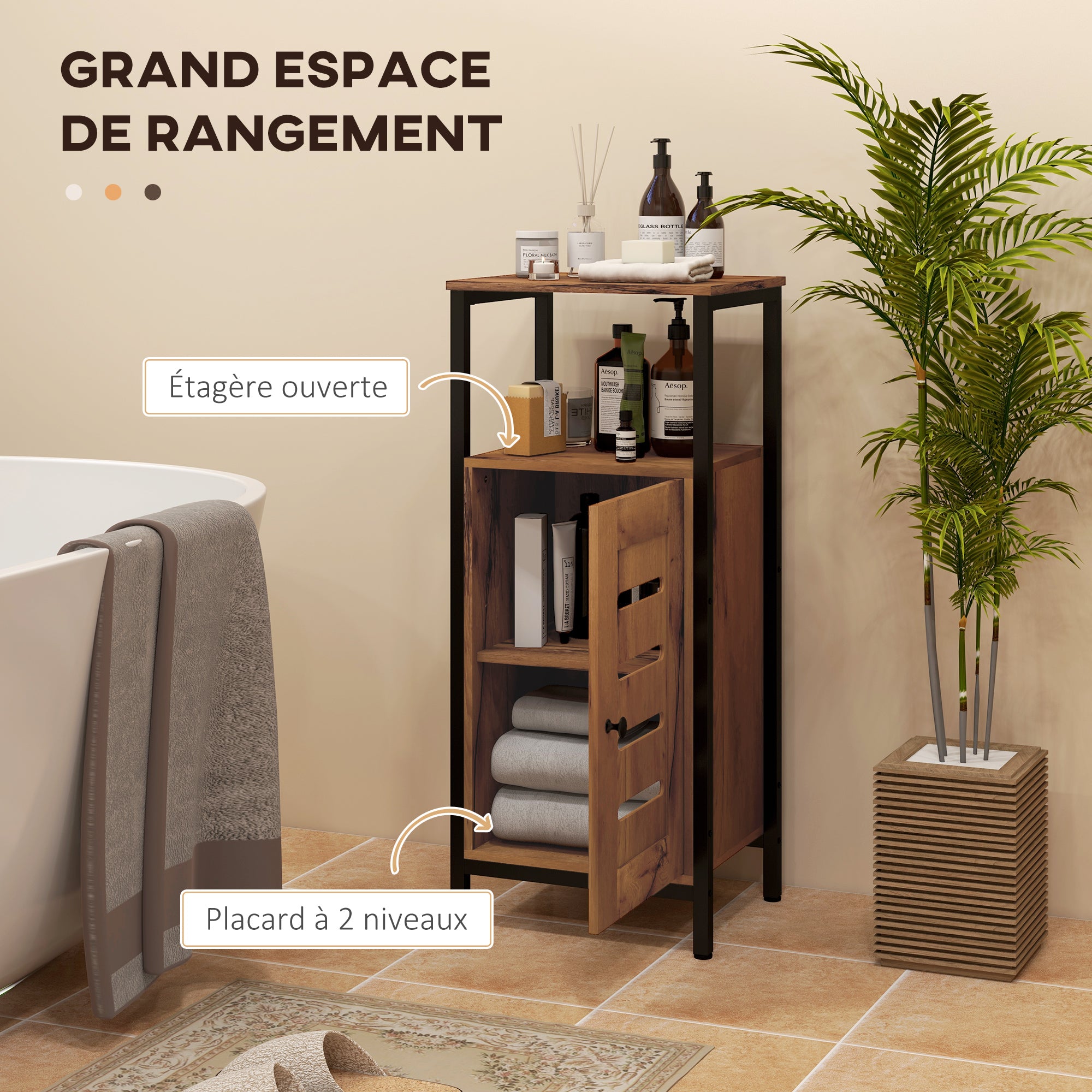 Low Bathroom Cabinet with Louvered Door, Steel Frame Bathroom Cabinet with Open Shelf and Adjustable Shelf, 37 x 30 x 85 cm, Rustic Brown