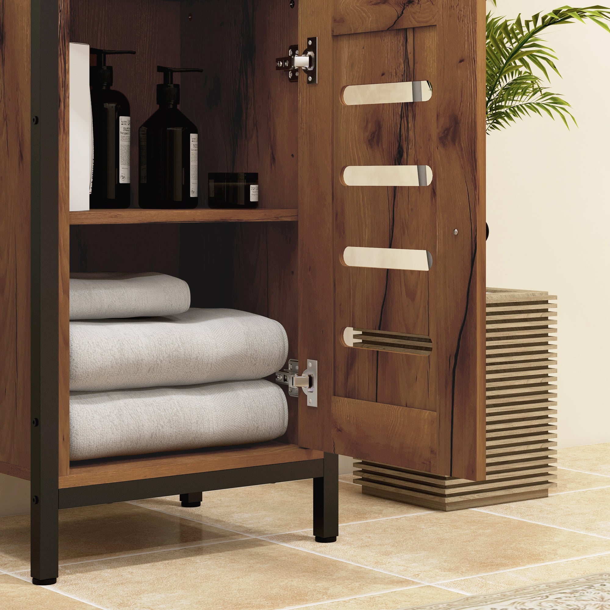 Low Bathroom Cabinet with Louvered Door, Steel Frame Bathroom Cabinet with Open Shelf and Adjustable Shelf, 37 x 30 x 85 cm, Rustic Brown
