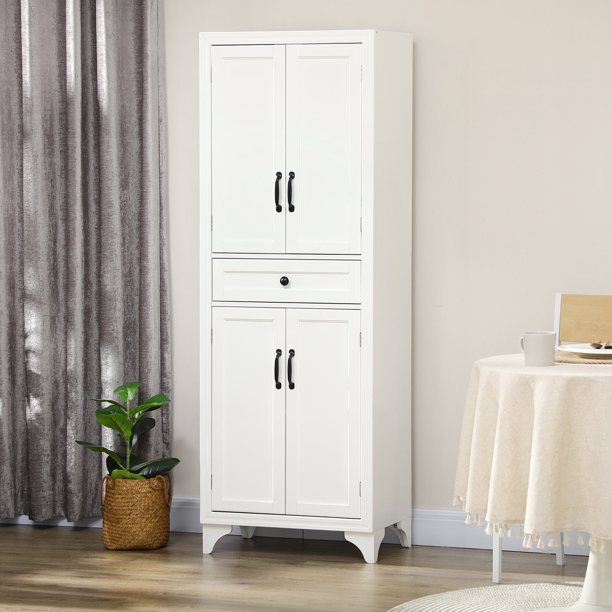 High Kitchen Cabinet 4 Doors 2 Cupboards and 1 Central Drawer Height 170 cm with Adjustable Shelf - White