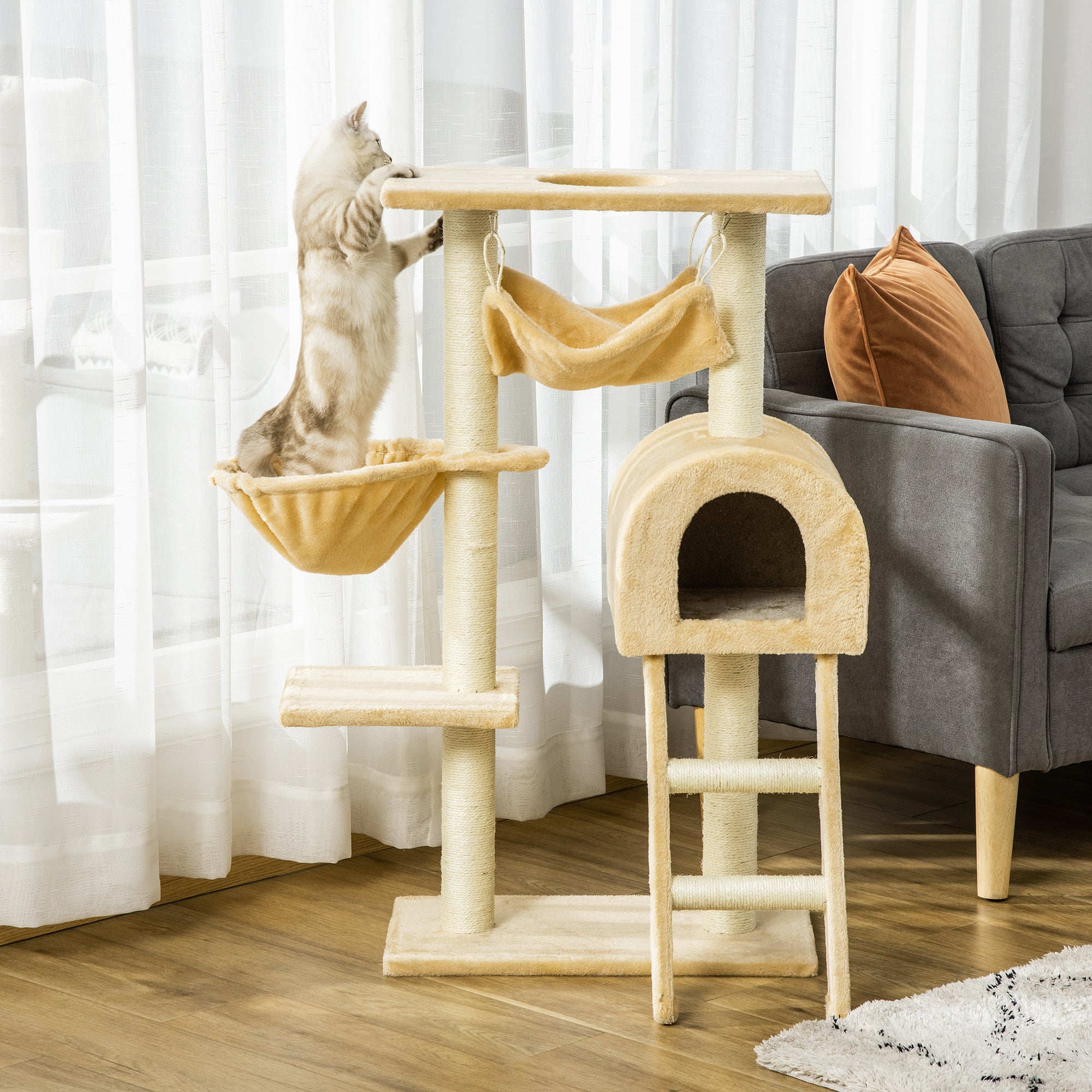 Cat Scratching Tree Height 98 cm Climbing Tower with Hideaway Basket Hammock Ladder Platforms and Natural Sisal Posts 54x29.5x98 cm Beige
