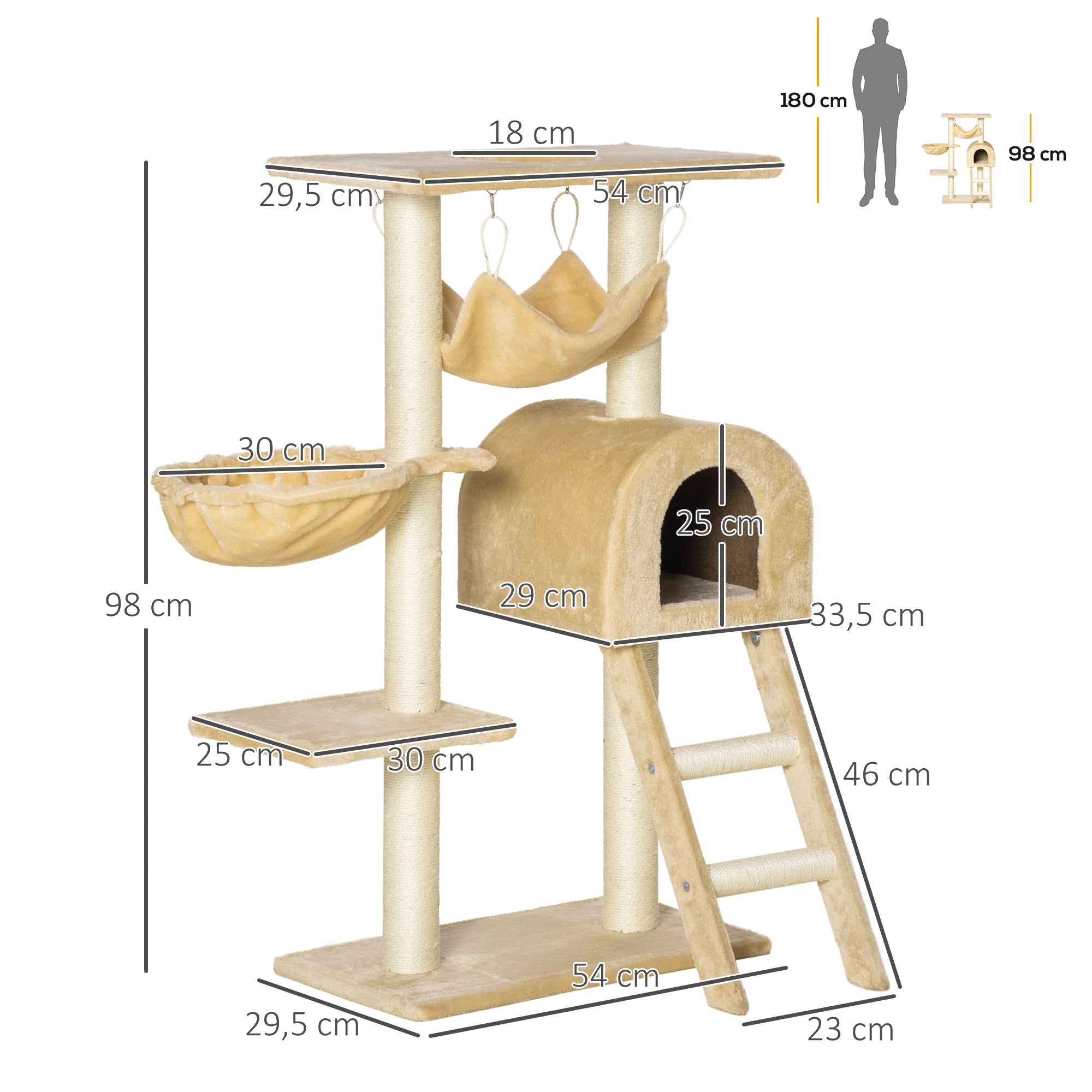 Cat Scratching Tree Height 98 cm Climbing Tower with Hideaway Basket Hammock Ladder Platforms and Natural Sisal Posts 54x29.5x98 cm Beige