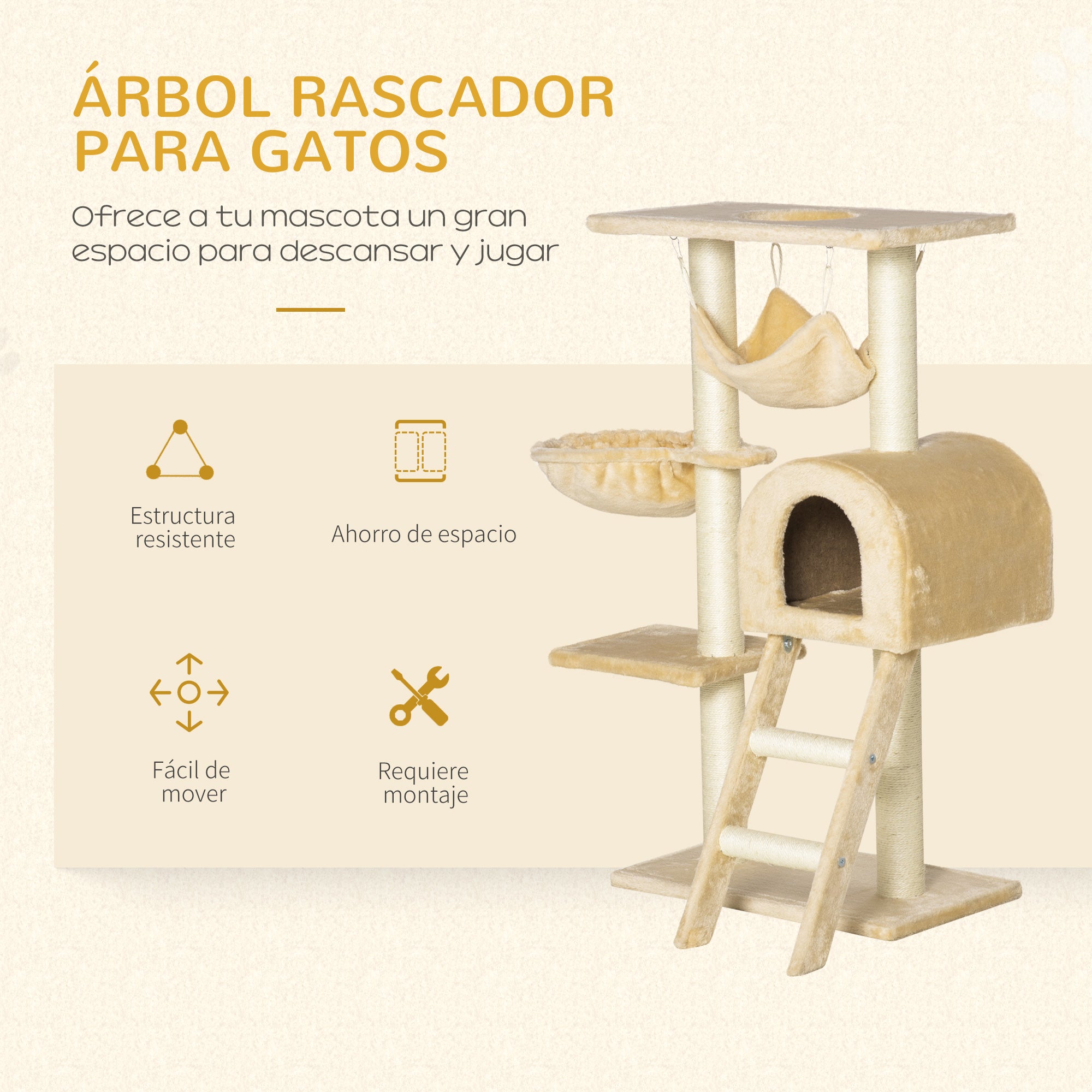 Cat Scratching Tree Height 98 cm Climbing Tower with Hideaway Basket Hammock Ladder Platforms and Natural Sisal Posts 54x29.5x98 cm Beige
