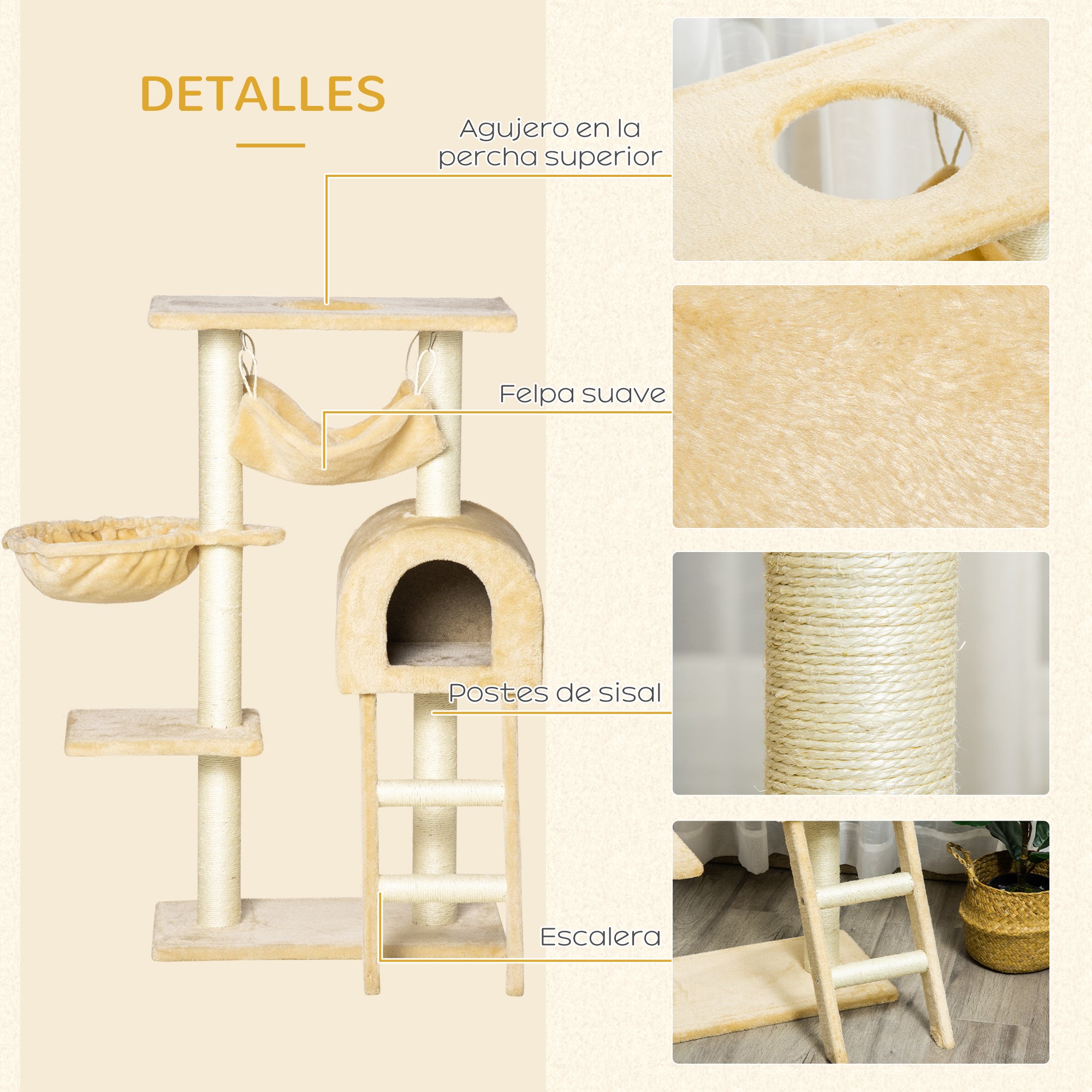 Cat Scratching Tree Height 98 cm Climbing Tower with Hideaway Basket Hammock Ladder Platforms and Natural Sisal Posts 54x29.5x98 cm Beige