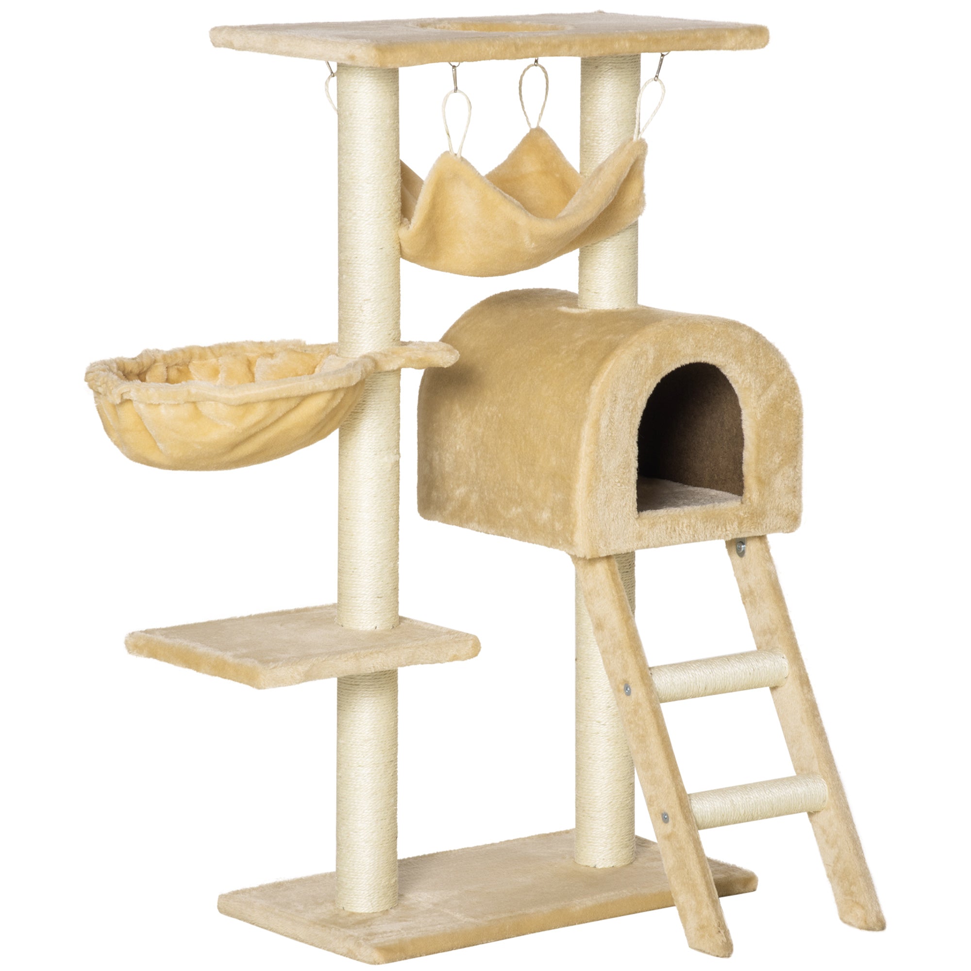 Cat Scratching Tree Height 98 cm Climbing Tower with Hideaway Basket Hammock Ladder Platforms and Natural Sisal Posts 54x29.5x98 cm Beige