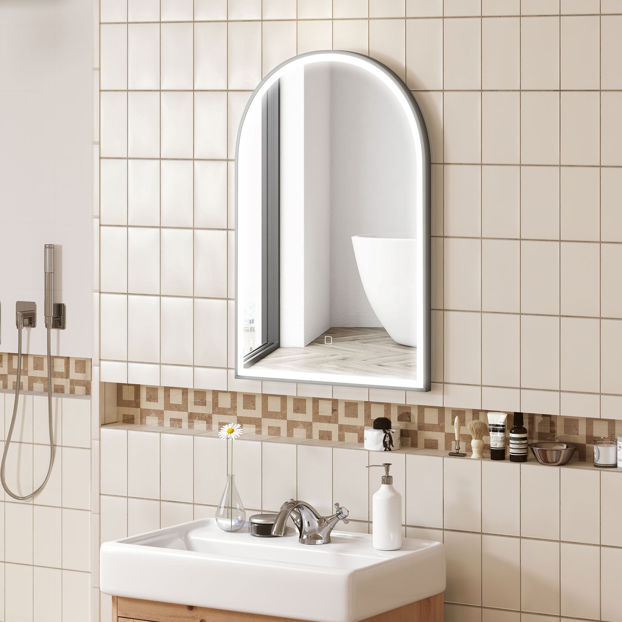 Bathroom Mirror 90 x 60 cm, arched wall mirror, bathroom mirror with LED lighting, adjustable 3 colors light, anti-fog, memory, touch switch, aluminum frame - black