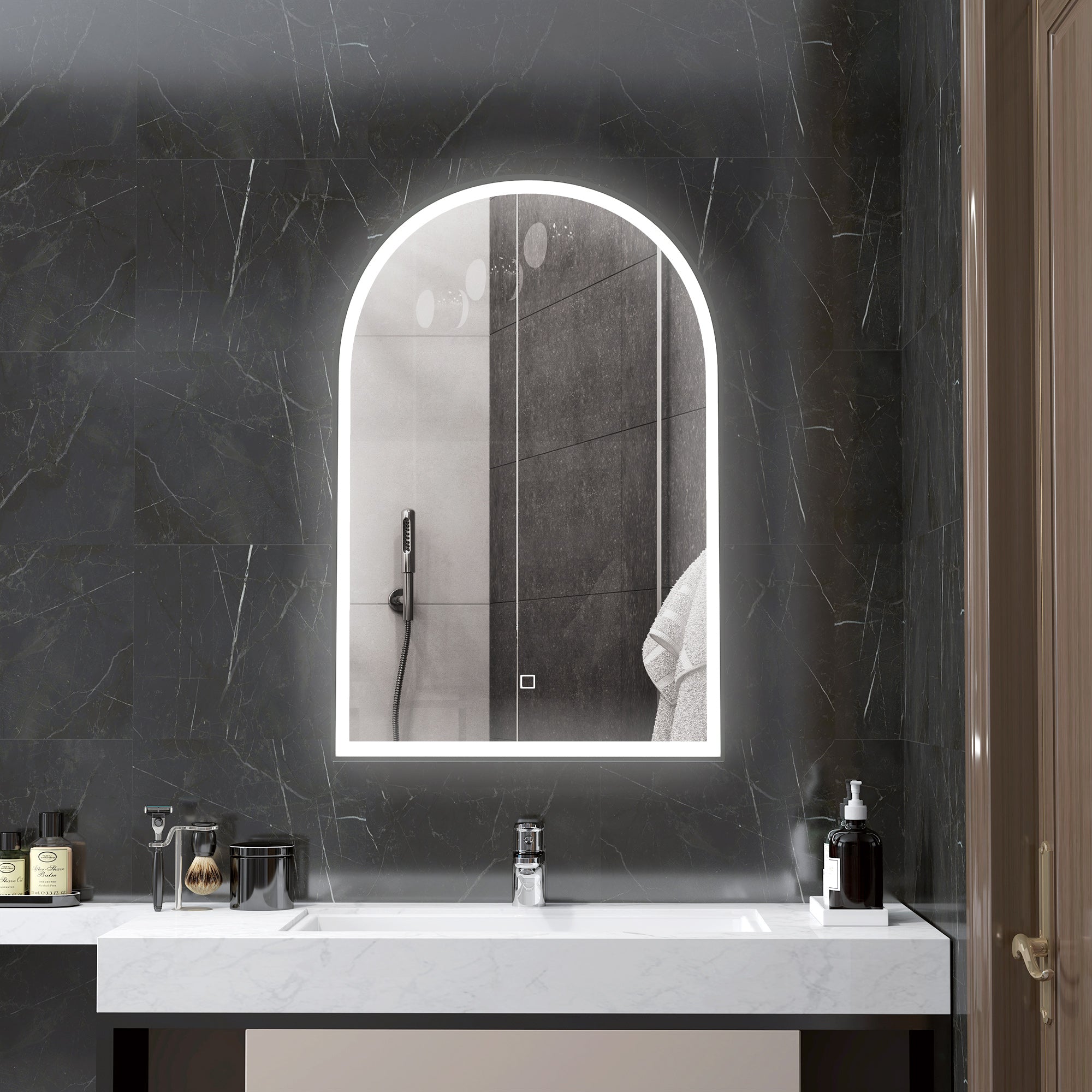 Bathroom Mirror 90 x 60 cm, arched wall mirror, bathroom mirror with LED lighting, adjustable 3 colors light, anti-fog, memory, touch switch, aluminum frame - black