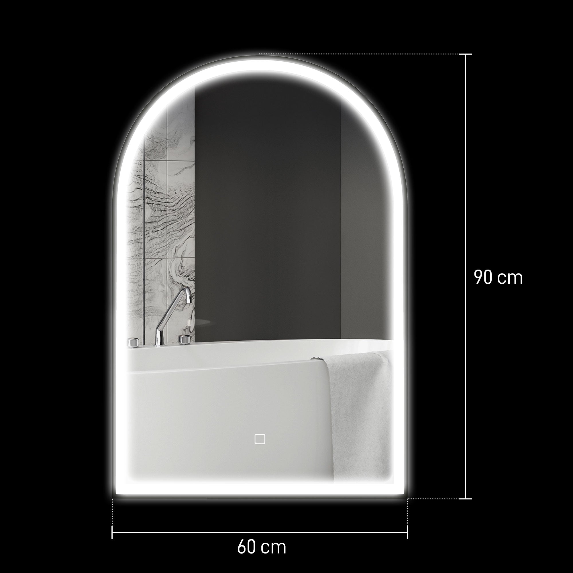 Bathroom Mirror 90 x 60 cm, arched wall mirror, bathroom mirror with LED lighting, adjustable 3 colors light, anti-fog, memory, touch switch, aluminum frame - black