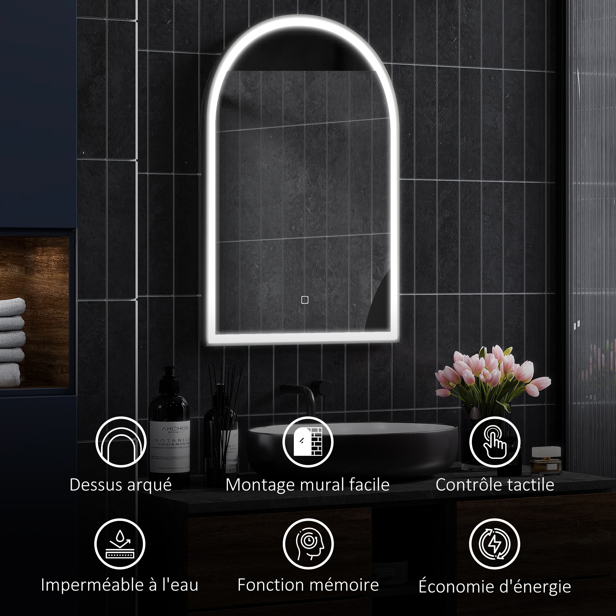 Bathroom Mirror 90 x 60 cm, arched wall mirror, bathroom mirror with LED lighting, adjustable 3 colors light, anti-fog, memory, touch switch, aluminum frame - black