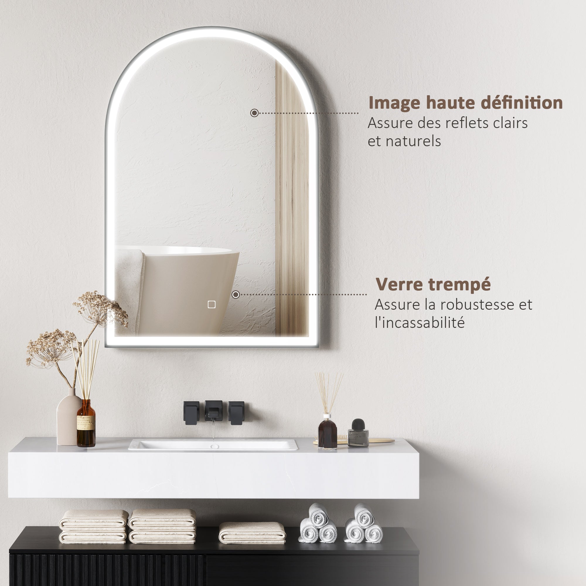 Bathroom Mirror 90 x 60 cm, arched wall mirror, bathroom mirror with LED lighting, adjustable 3 colors light, anti-fog, memory, touch switch, aluminum frame - black