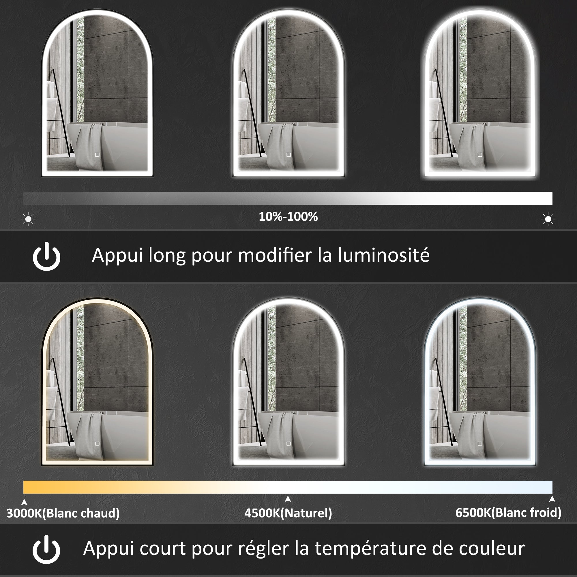 Bathroom Mirror 90 x 60 cm, arched wall mirror, bathroom mirror with LED lighting, adjustable 3 colors light, anti-fog, memory, touch switch, aluminum frame - black