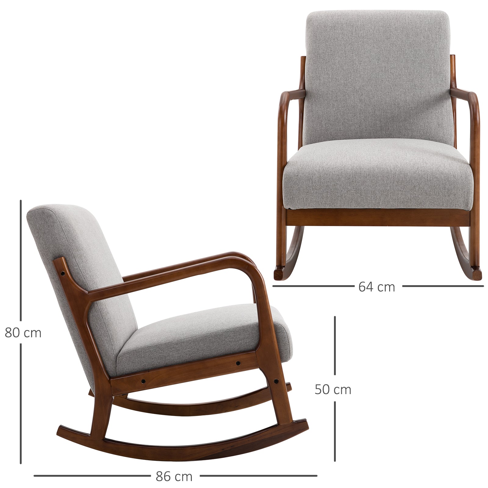 Upholstered Rocking Chair, Vintage Design in Wood and Gray Polyester, for Indoor, Office, Living Room, 64x86x80cm