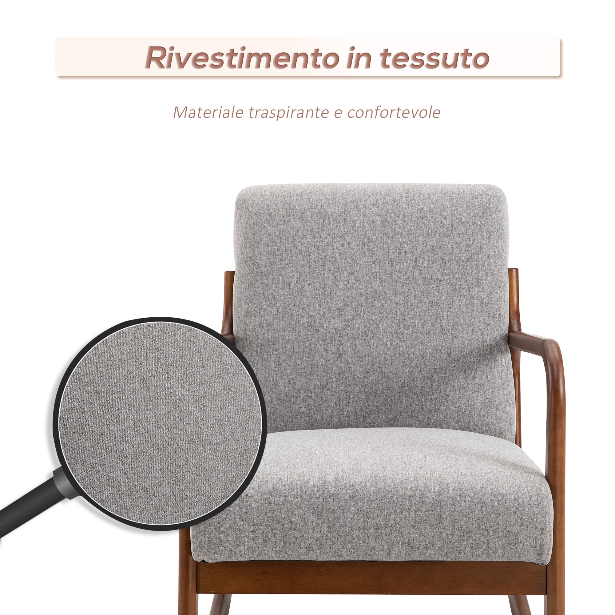 Upholstered Rocking Chair, Vintage Design in Wood and Gray Polyester, for Indoor, Office, Living Room, 64x86x80cm