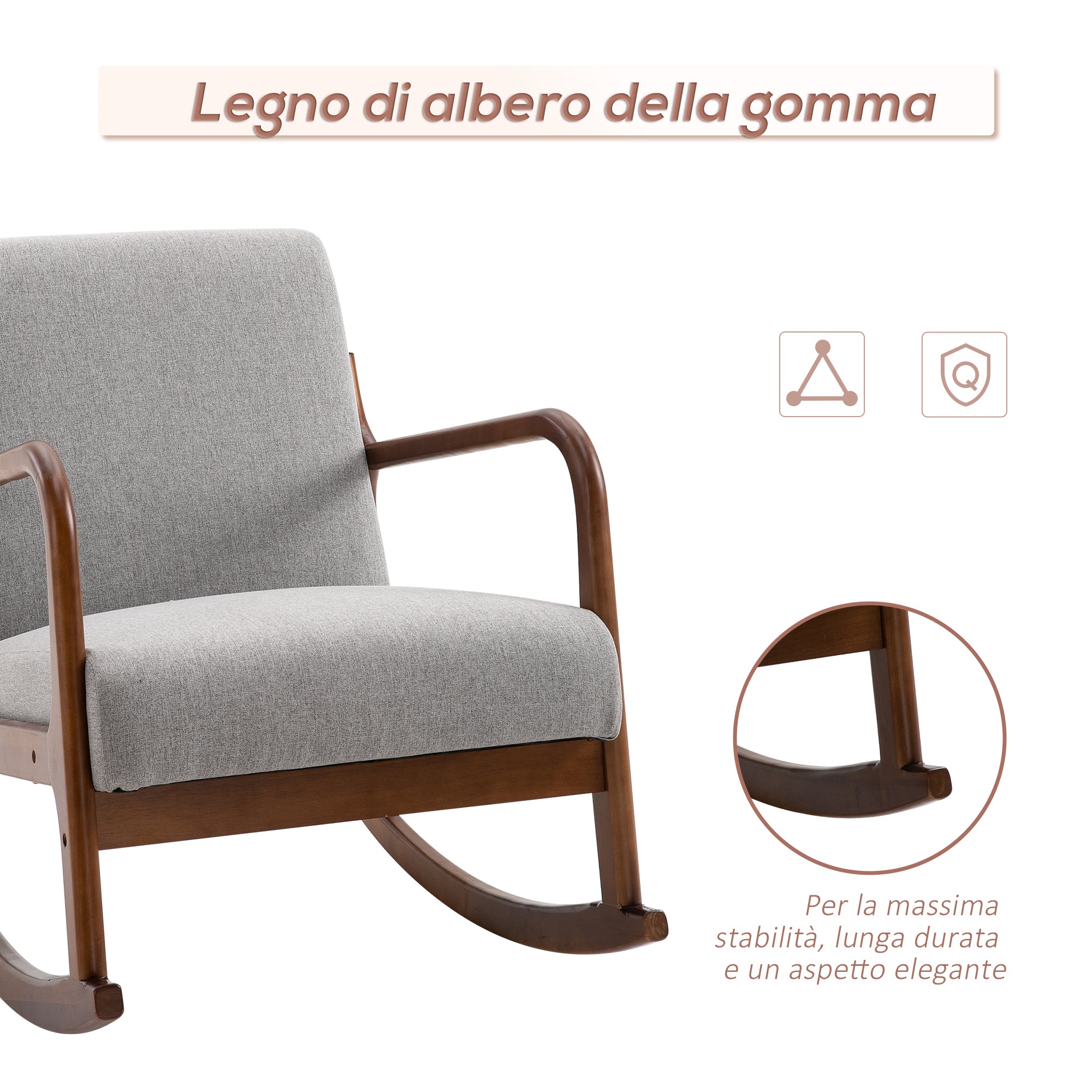 Upholstered Rocking Chair, Vintage Design in Wood and Gray Polyester, for Indoor, Office, Living Room, 64x86x80cm