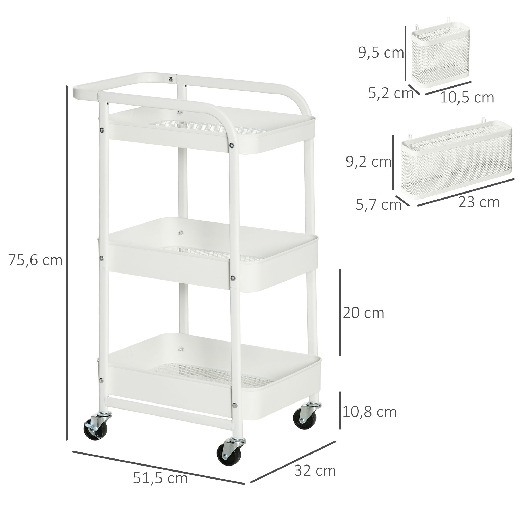 Serving Cart with 3 Levels Kitchen Cart with Wheels Handle Utility Cart with Hooks and Basket, Kitchen Shelf, Multi-Purpose Cart for Kitchen Office Bathroom, White