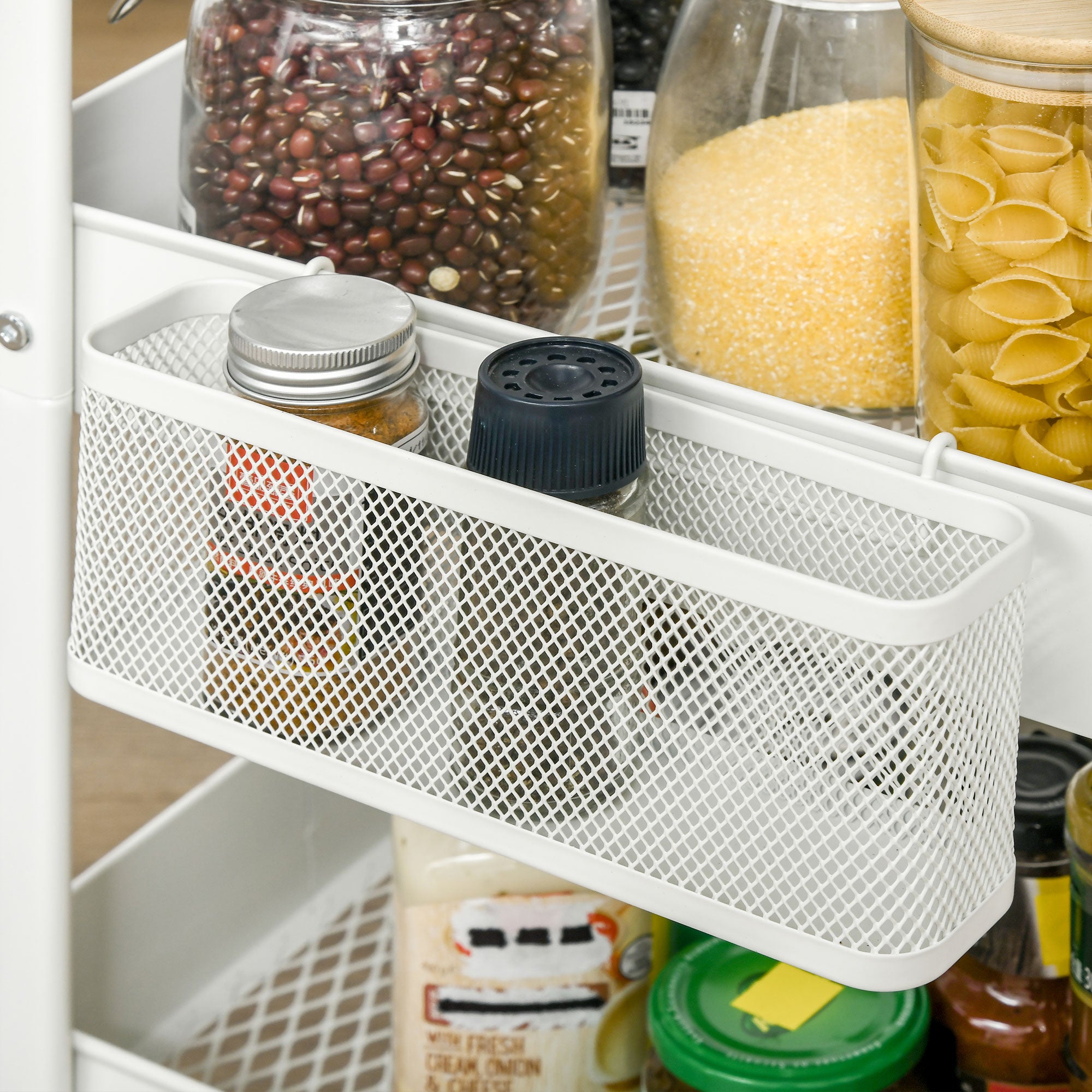 Serving Cart with 3 Levels Kitchen Cart with Wheels Handle Utility Cart with Hooks and Basket, Kitchen Shelf, Multi-Purpose Cart for Kitchen Office Bathroom, White
