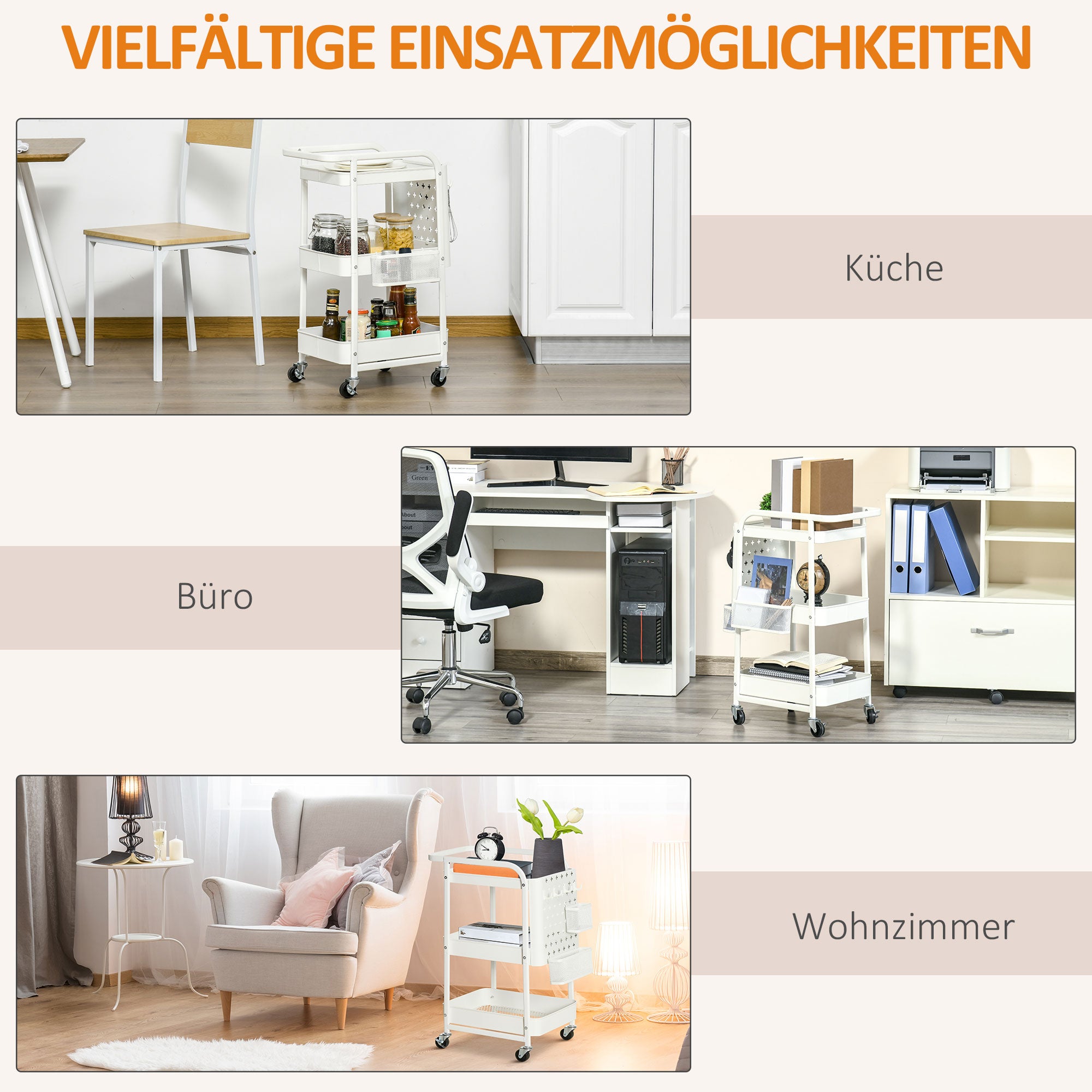 Serving Cart with 3 Levels Kitchen Cart with Wheels Handle Utility Cart with Hooks and Basket, Kitchen Shelf, Multi-Purpose Cart for Kitchen Office Bathroom, White