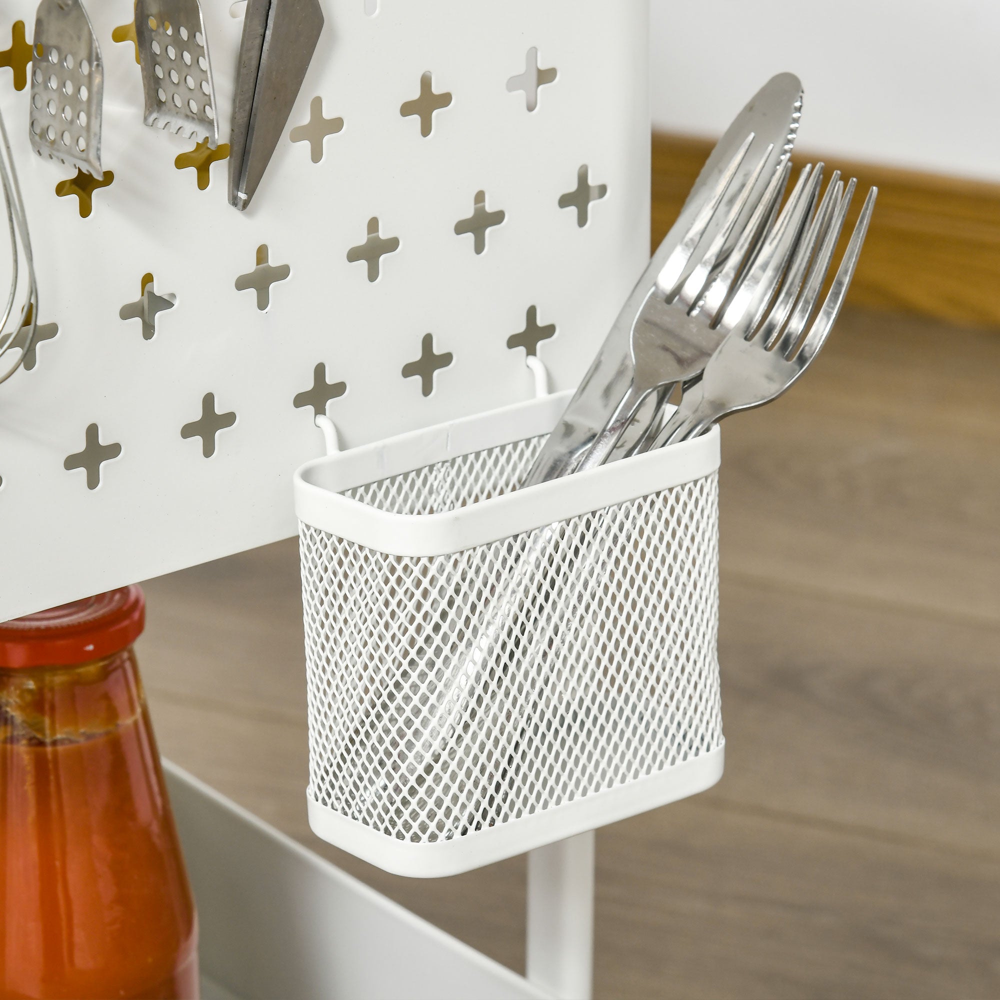 Serving Cart with 3 Levels Kitchen Cart with Wheels Handle Utility Cart with Hooks and Basket, Kitchen Shelf, Multi-Purpose Cart for Kitchen Office Bathroom, White