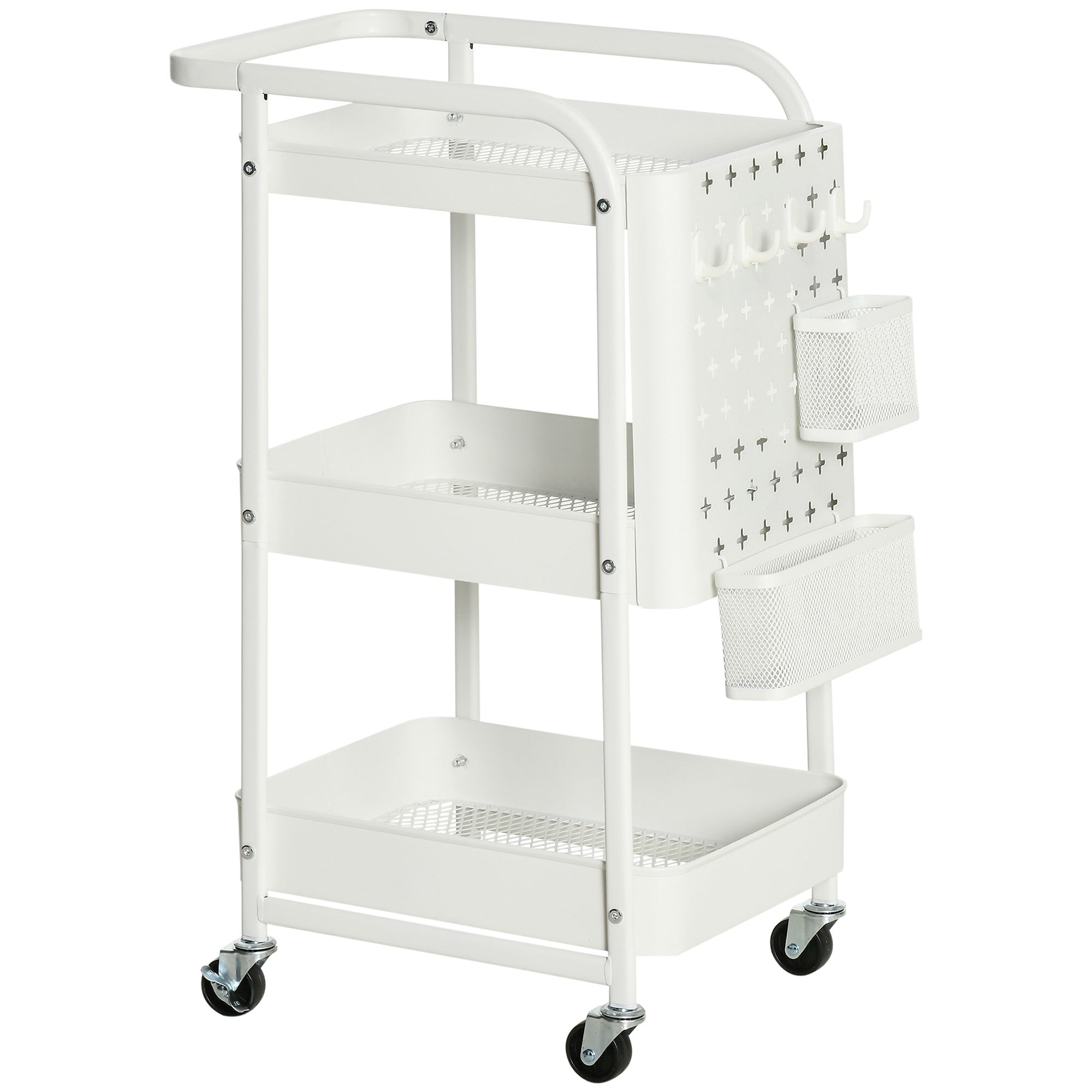 Serving Cart with 3 Levels Kitchen Cart with Wheels Handle Utility Cart with Hooks and Basket, Kitchen Shelf, Multi-Purpose Cart for Kitchen Office Bathroom, White