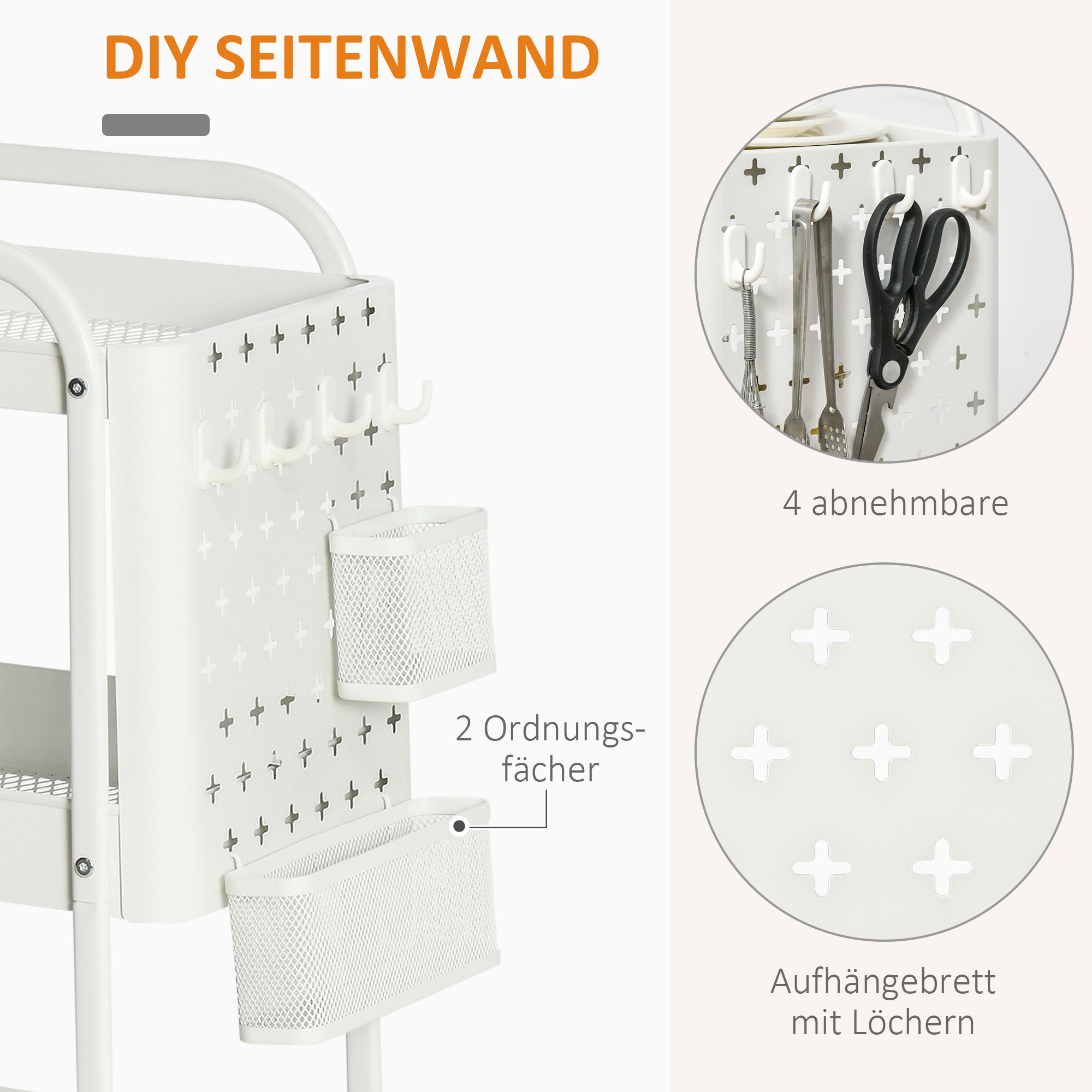 Serving Cart with 3 Levels Kitchen Cart with Wheels Handle Utility Cart with Hooks and Basket, Kitchen Shelf, Multi-Purpose Cart for Kitchen Office Bathroom, White
