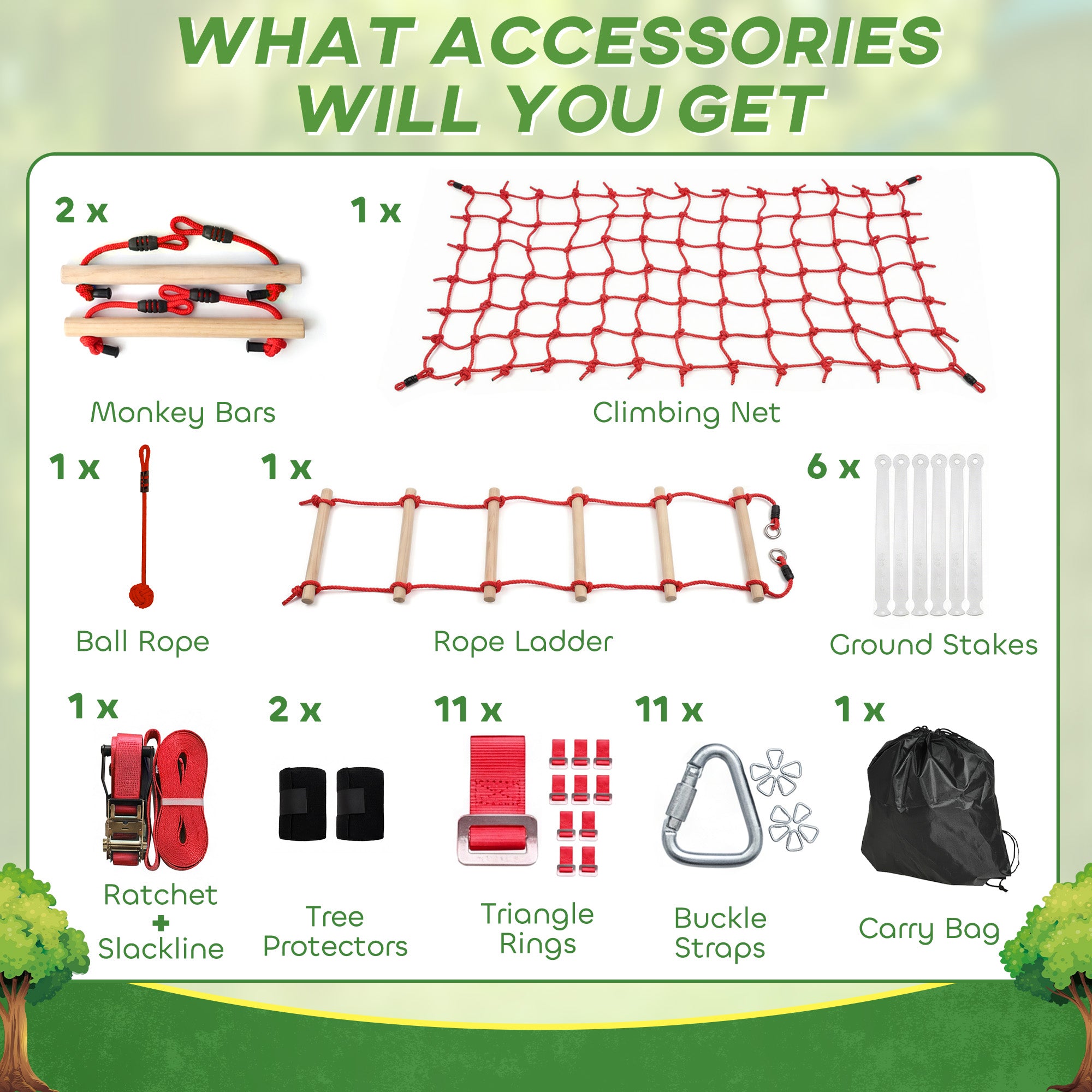 Ninja Line Kids 33 ft (10 m) Slackline Play Set — Rings, Swing, Ladder & Climbing Net — Outdoor Playset for Ages 3–6, Red