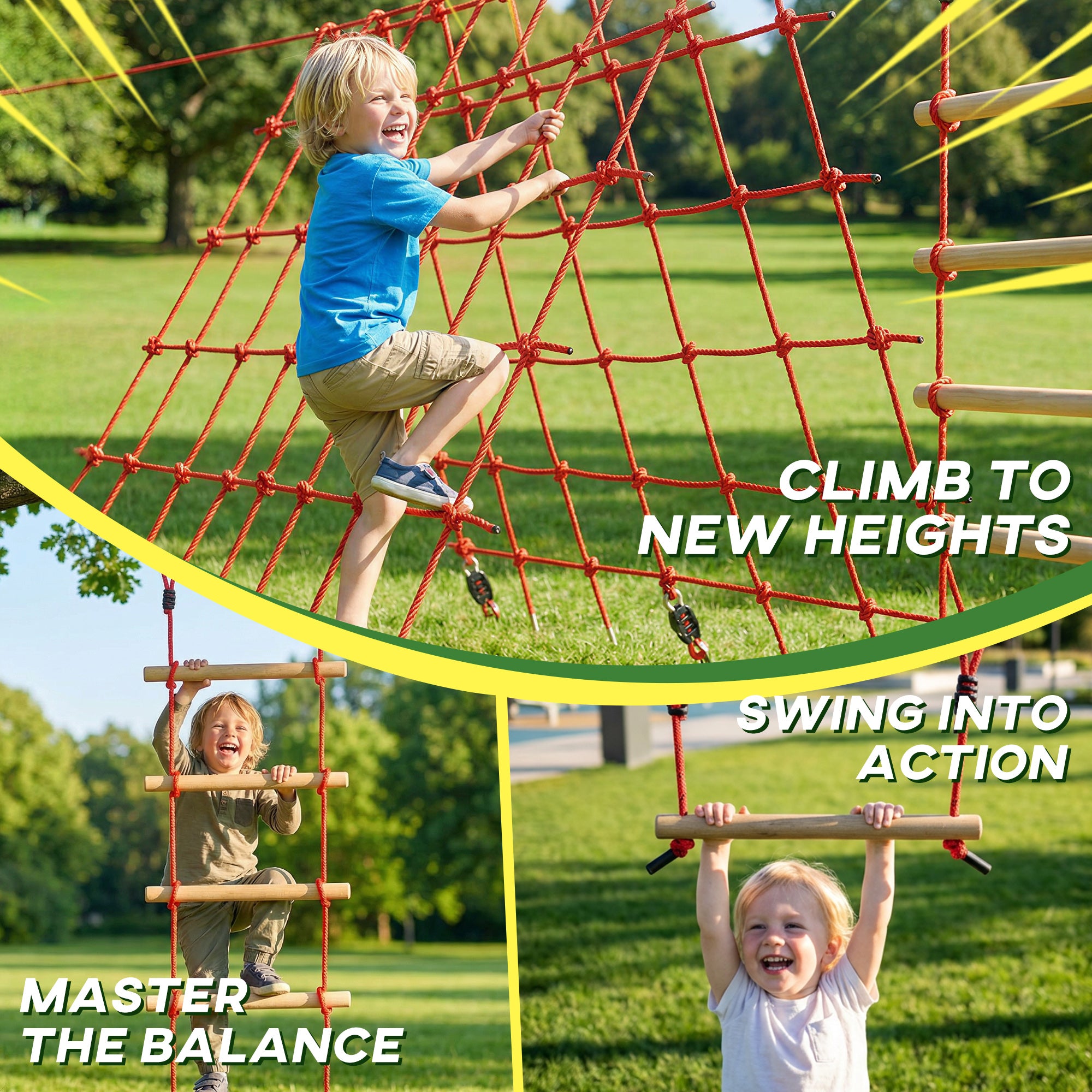 Ninja Line Kids 33 ft (10 m) Slackline Play Set — Rings, Swing, Ladder & Climbing Net — Outdoor Playset for Ages 3–6, Red