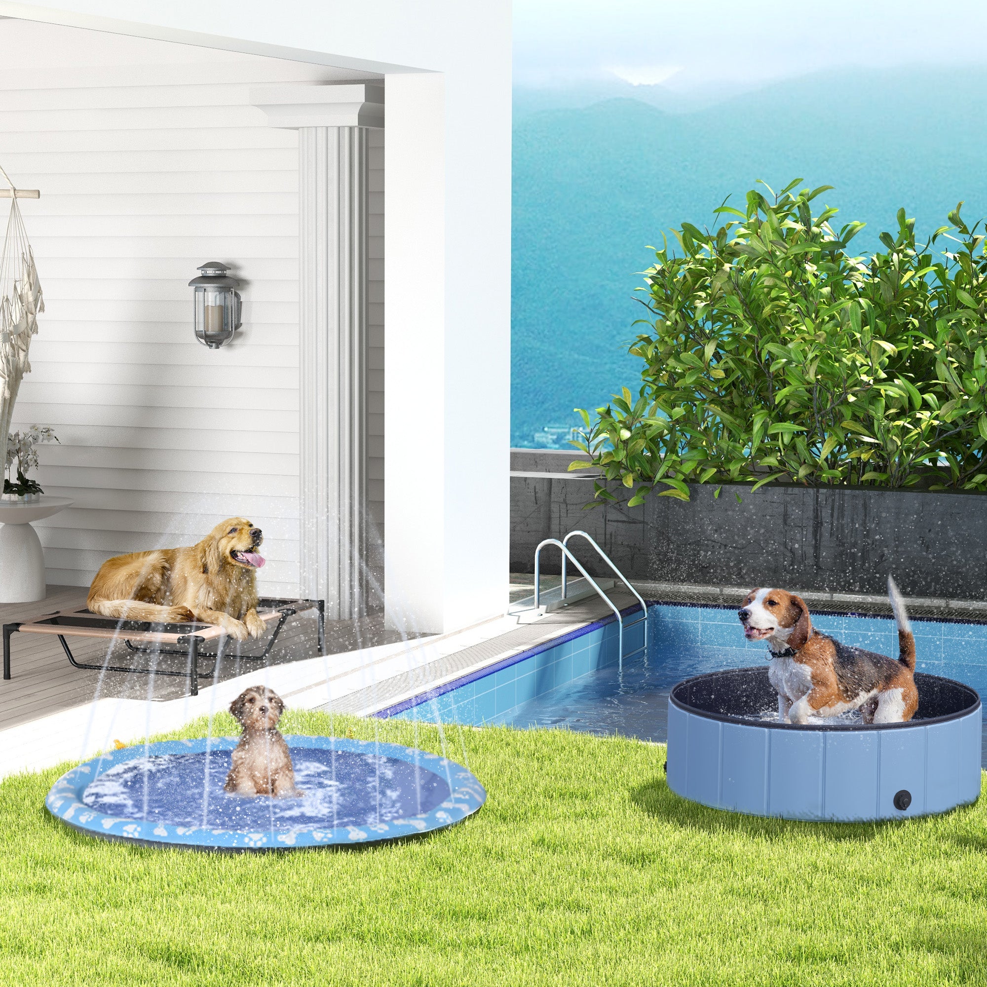 Foldable Dog Bath Tub Dog Pool Splash Pool Swimming Pool Water Basin for Dogs and Cats Plastic+Wood Blue Ø100 x H30 cm