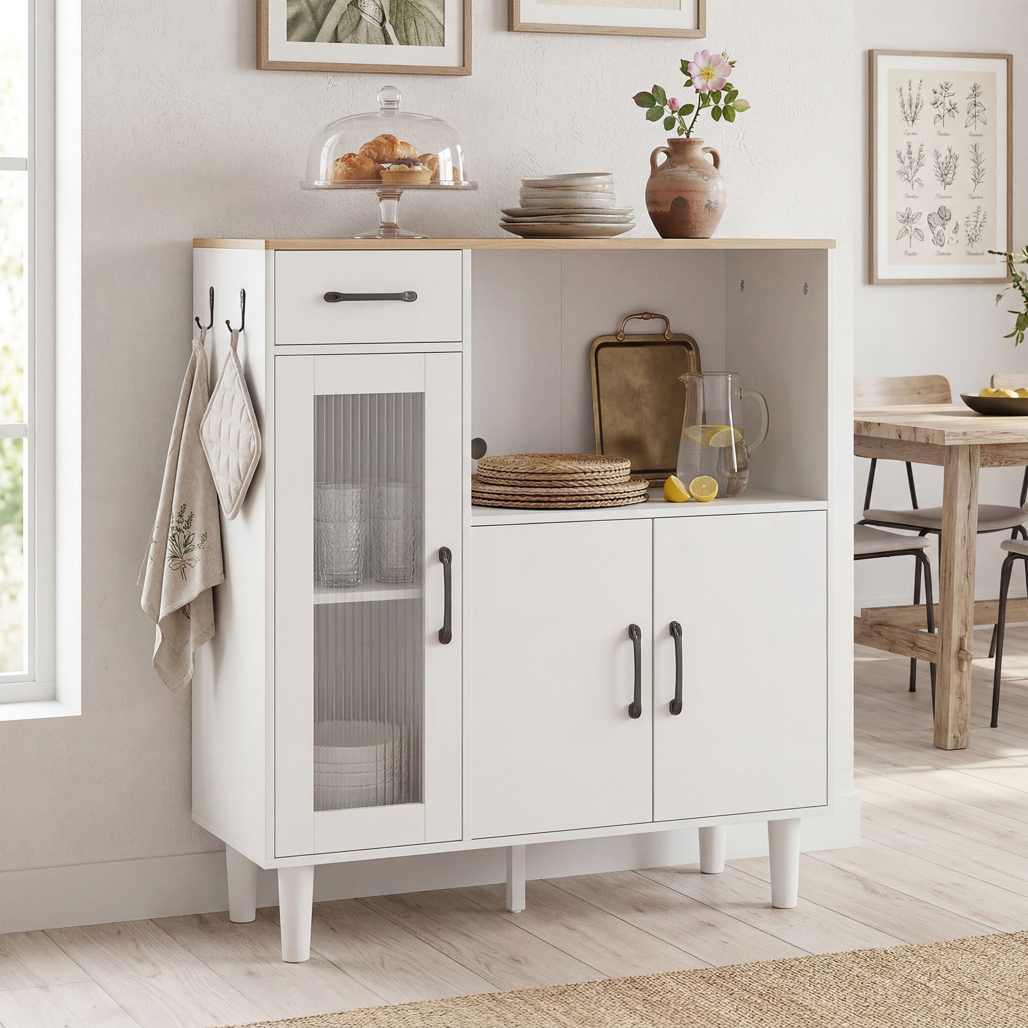 Sideboard Cabinet with Drawer, 2 Doors & Open Shelf, Ribbed Acrylic Door – White & Oak, 31.5 x 13.4 x 35.8 in