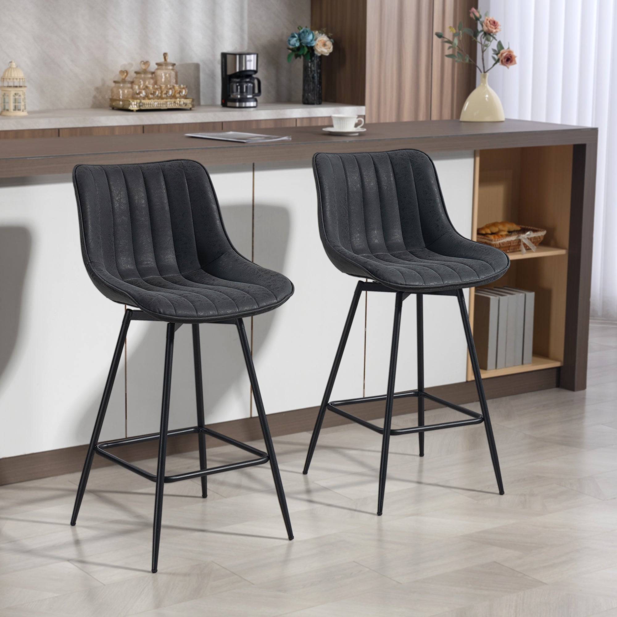 2-Pack Bar Stools, 26.8 in Swivel Counter Stools with Backrest, Padded PU Leather, Footrest & Steel Legs for Kitchen Island and Dining – Black