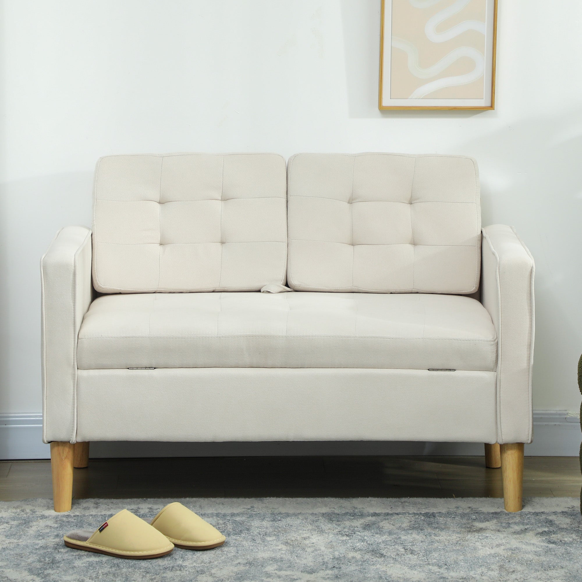 2-Seater Storage Sofa, Velvet-Effect Upholstery with Rubberwood Legs, Button-Tufted Back — 46.1 x 24.4 x 30.7 in, Cream